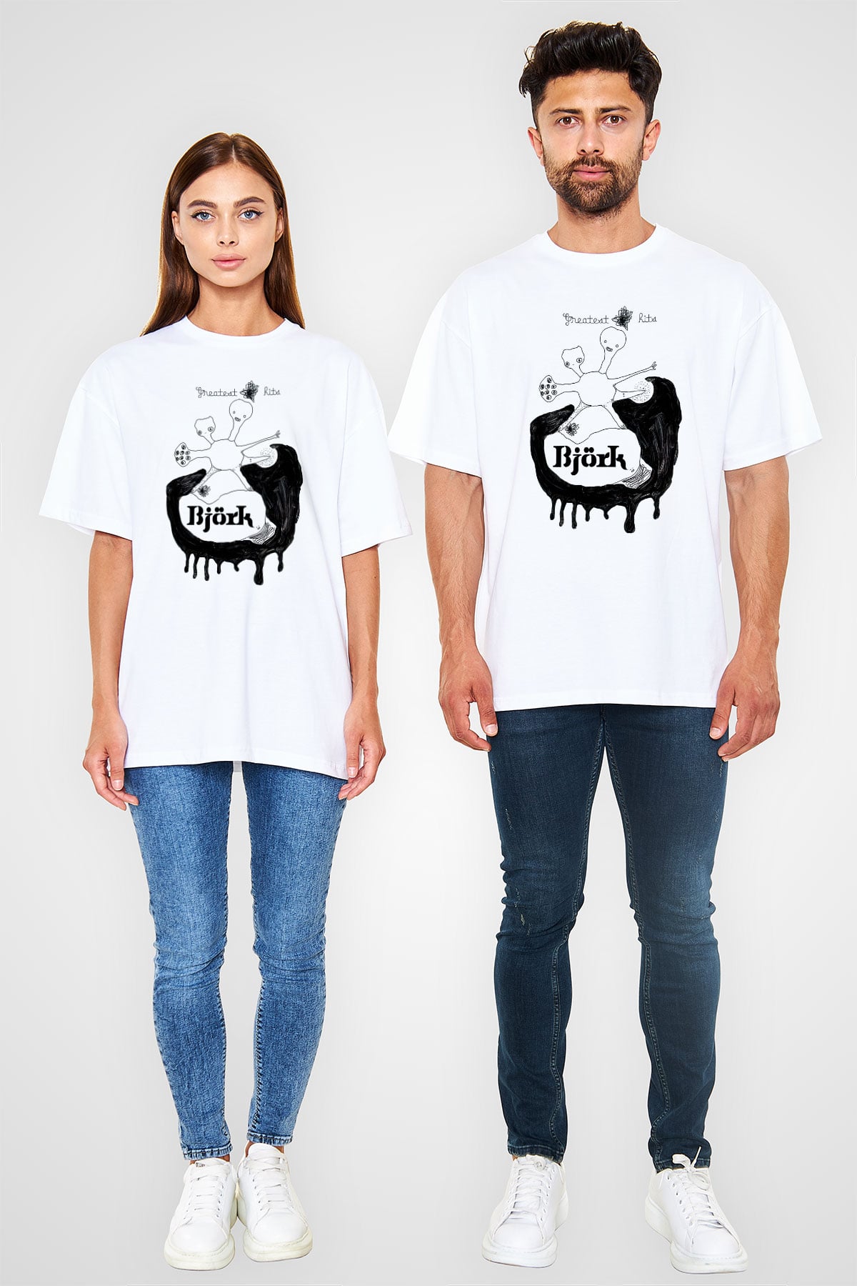 Björk Baskılı Beyaz Unisex Oversize Tişört - Tshirt