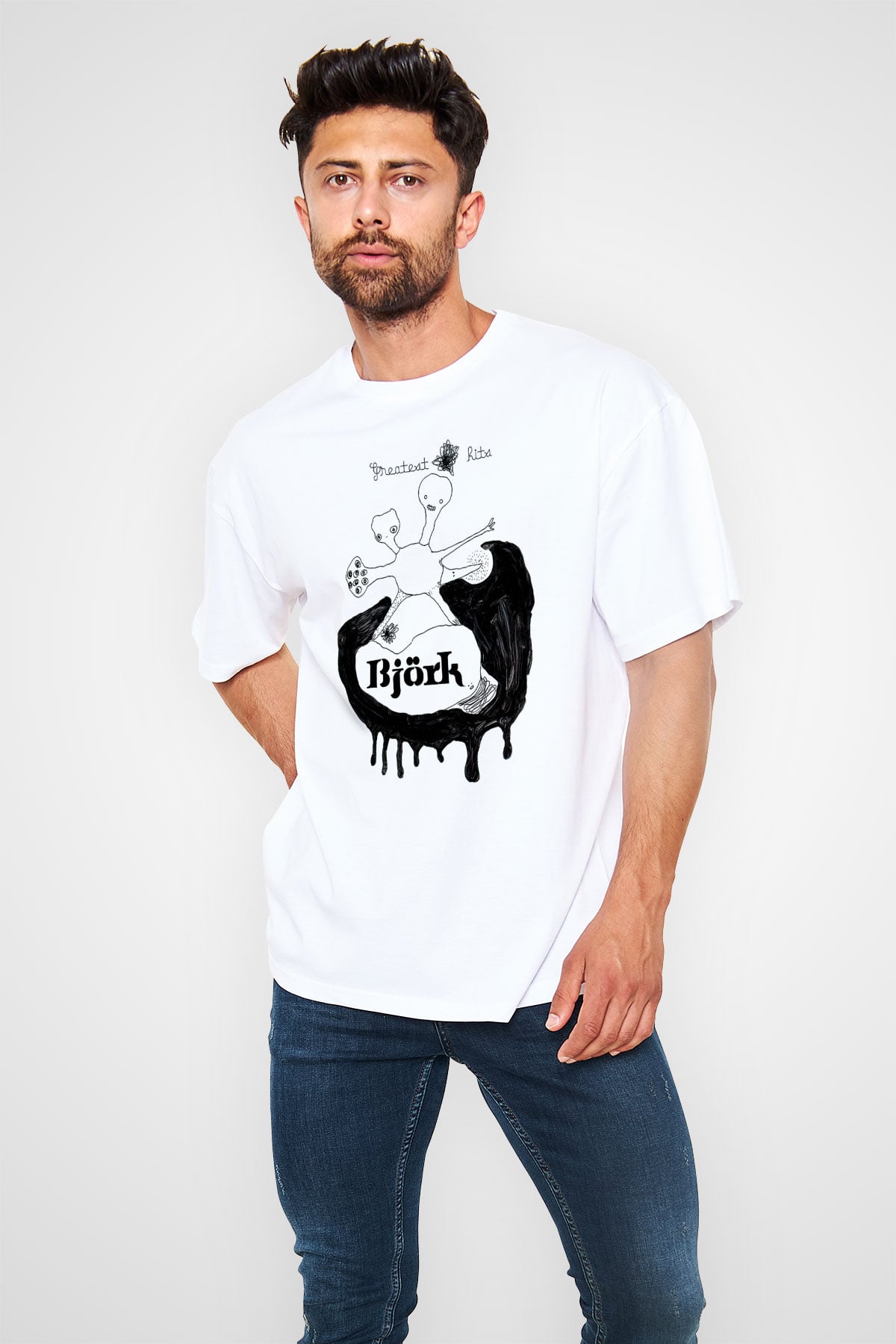Björk Baskılı Beyaz Unisex Oversize Tişört - Tshirt