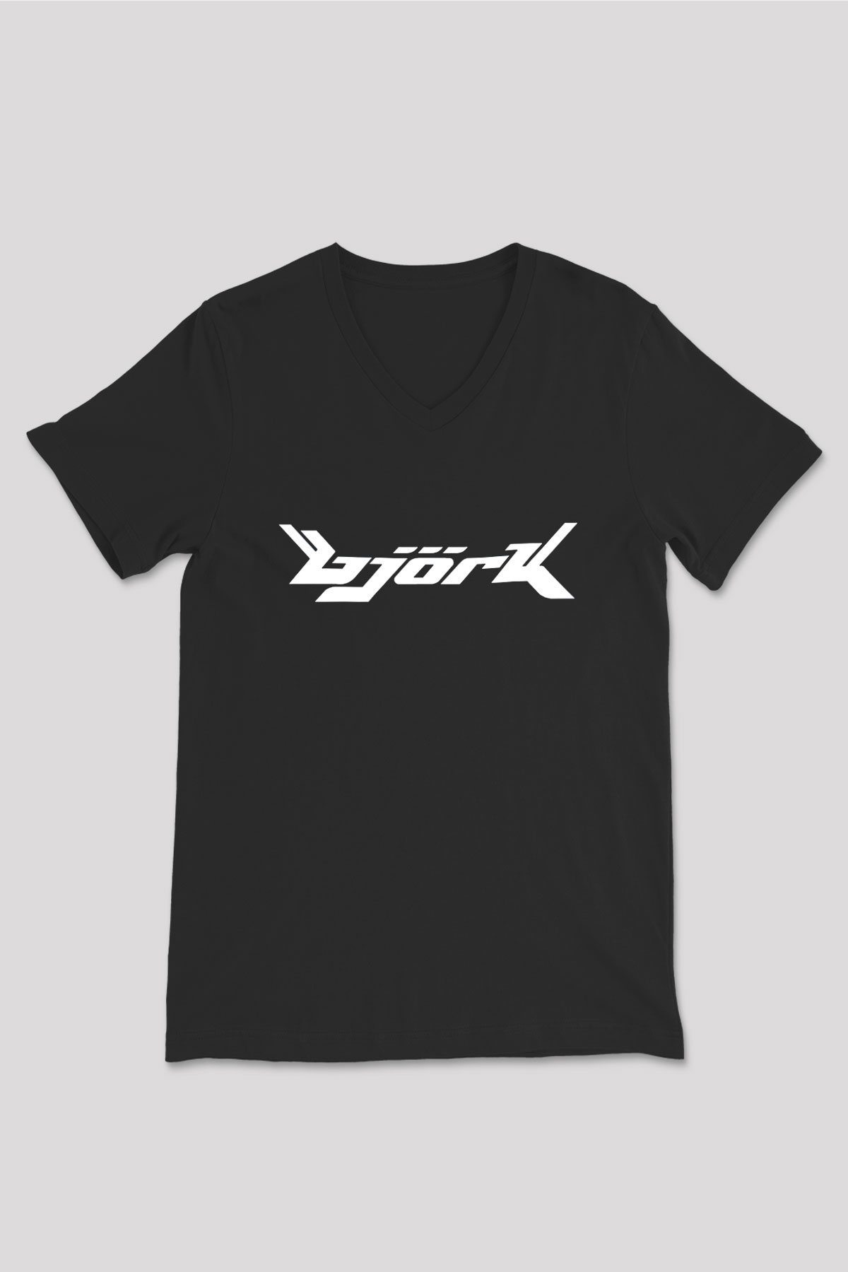 Björk Baskılı Unisex Siyah V Yaka Tişört - Tshirt