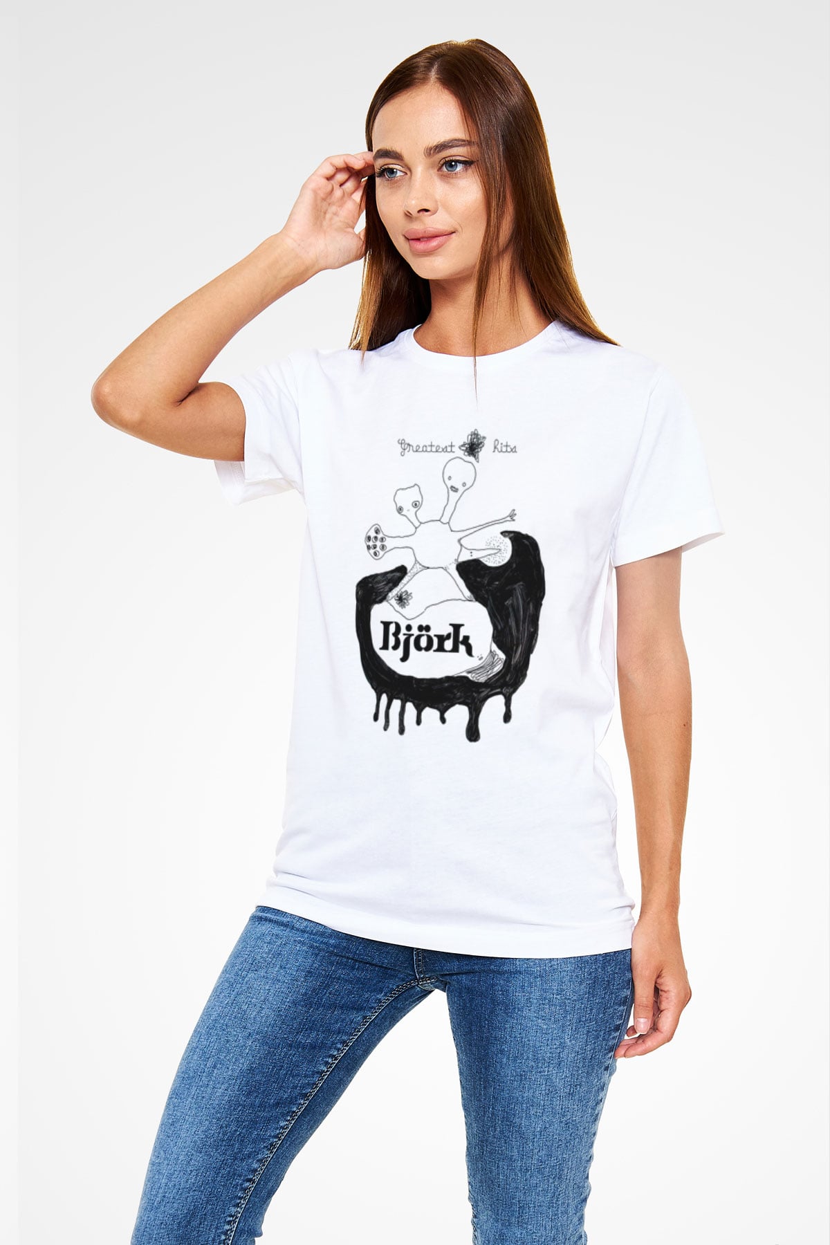 Björk Unisex Baskılı Beyaz Tişört - Tshirt