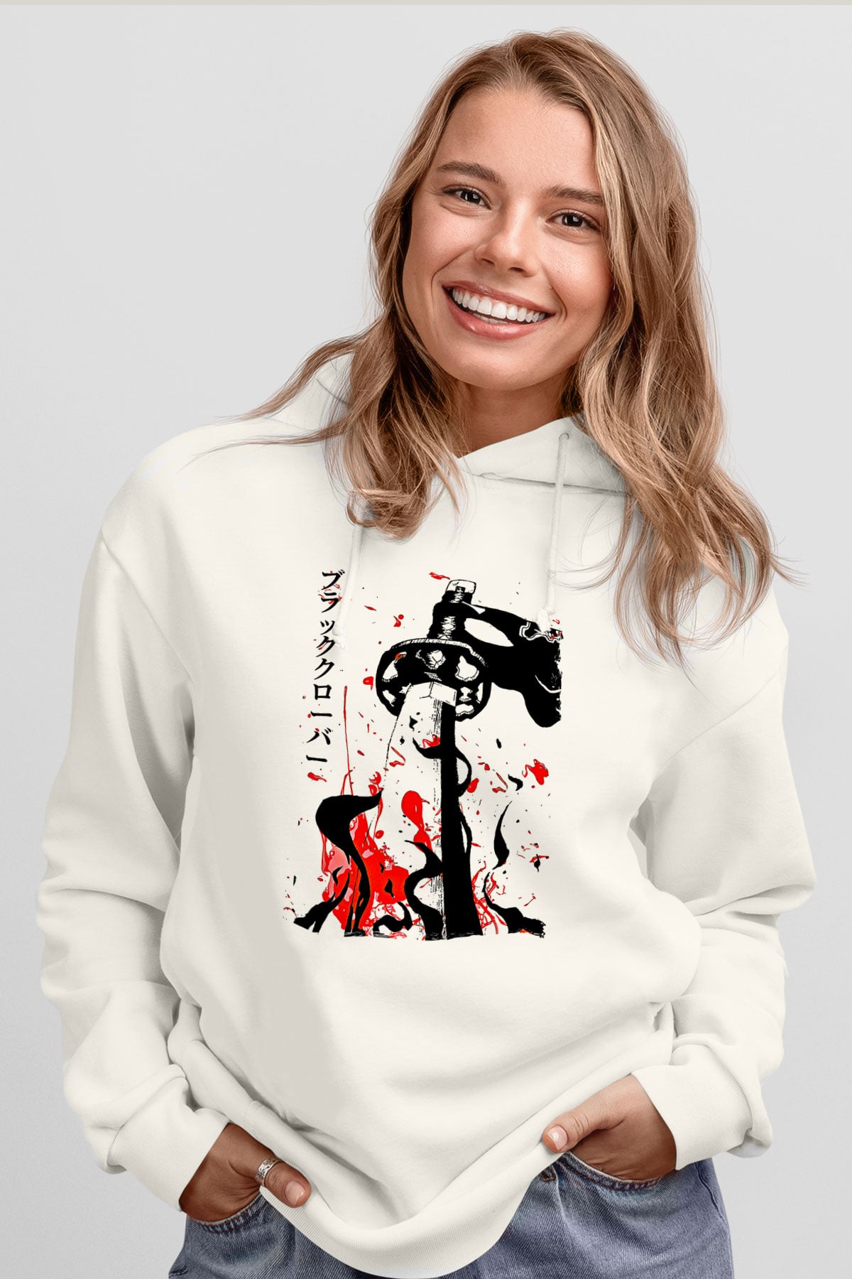 Black Clover Baskılı Beyaz Unisex Hoodie