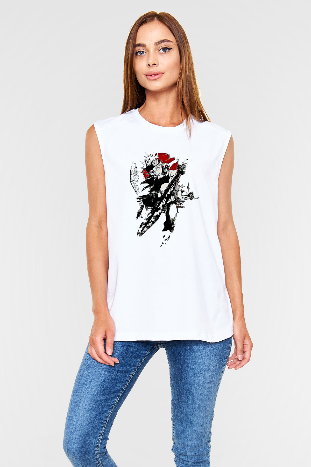 Black Clover Baskılı Beyaz Unisex Kolsuz Tişört - Tshirt