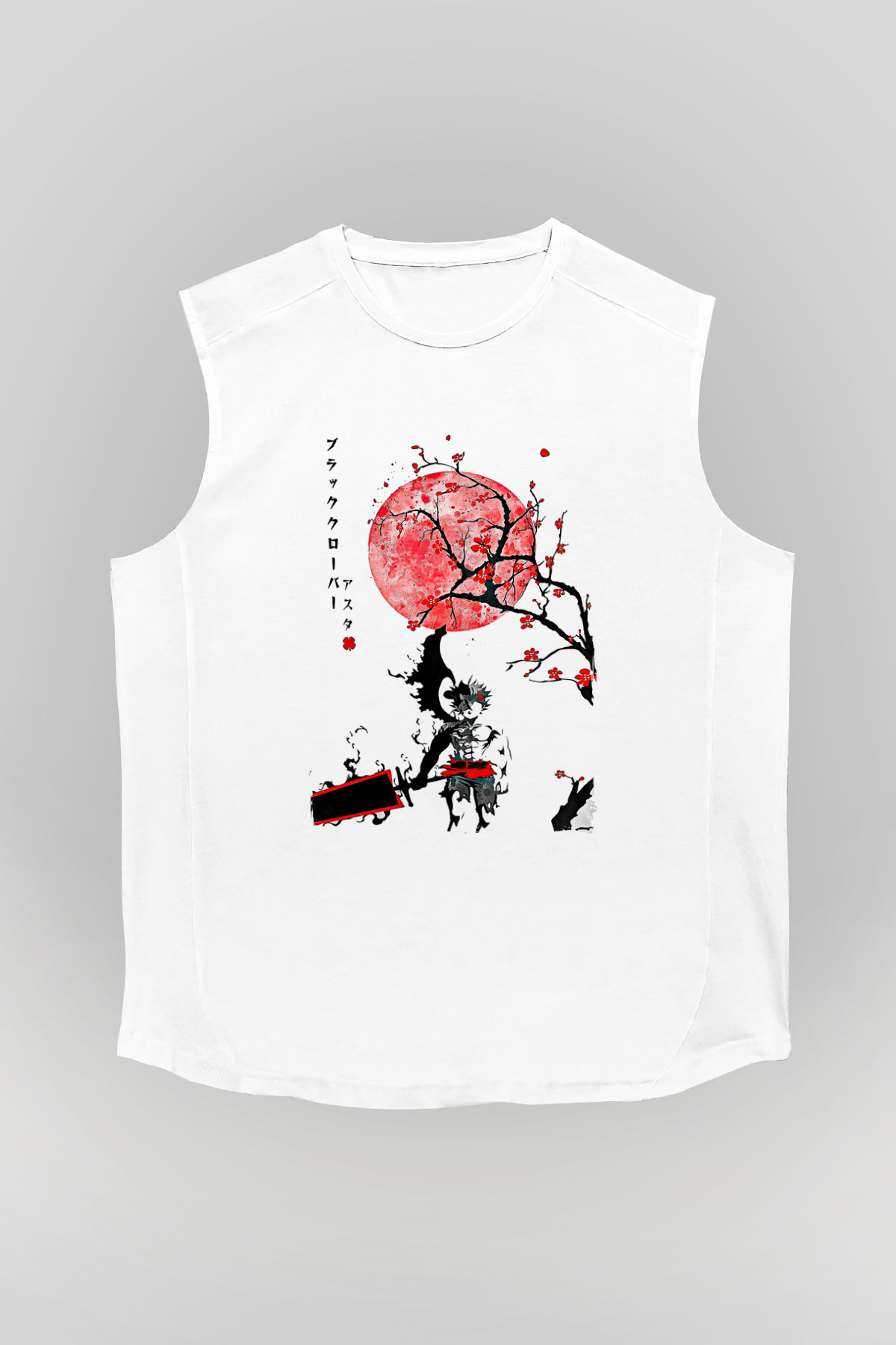 Black Clover Baskılı Beyaz Unisex Kolsuz Tişört - Tshirt
