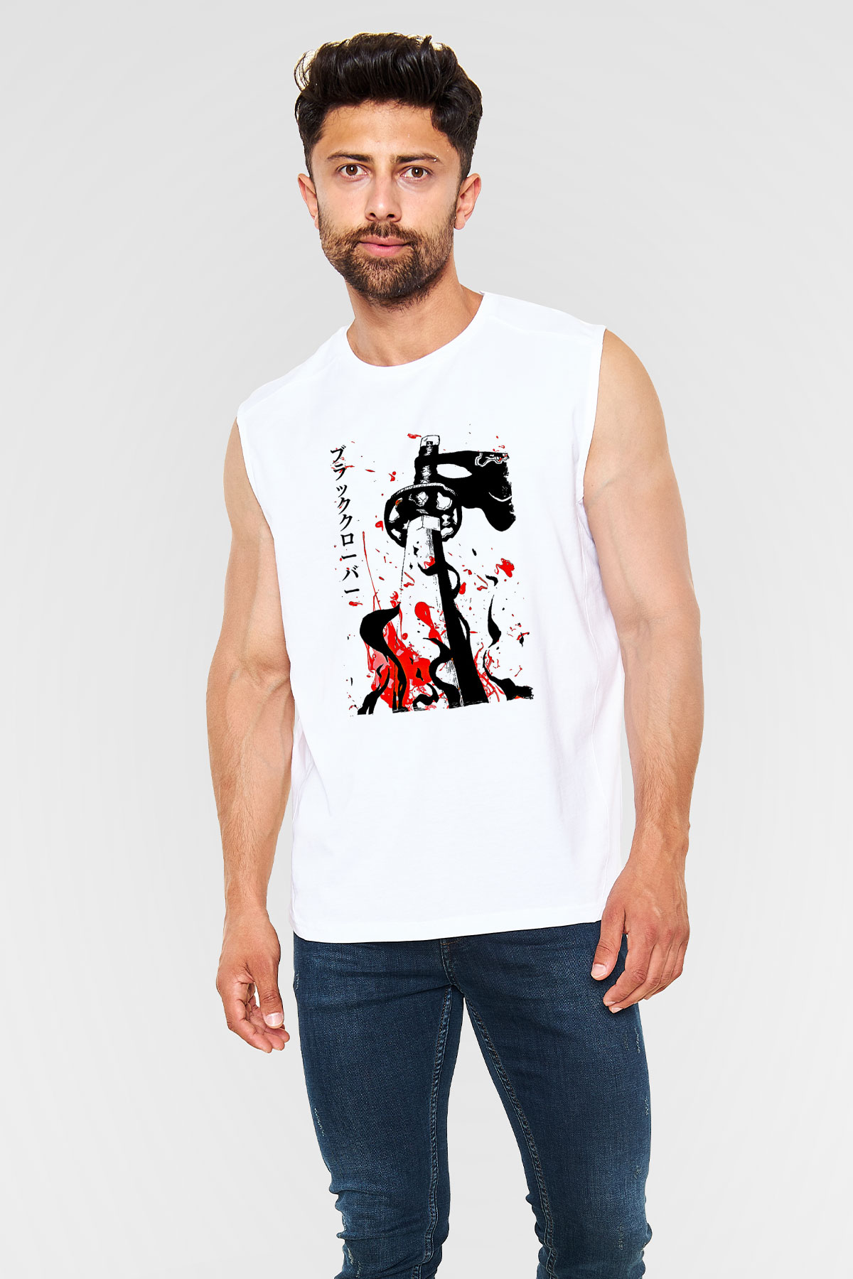 Black Clover Baskılı Beyaz Unisex Kolsuz Tişört - Tshirt