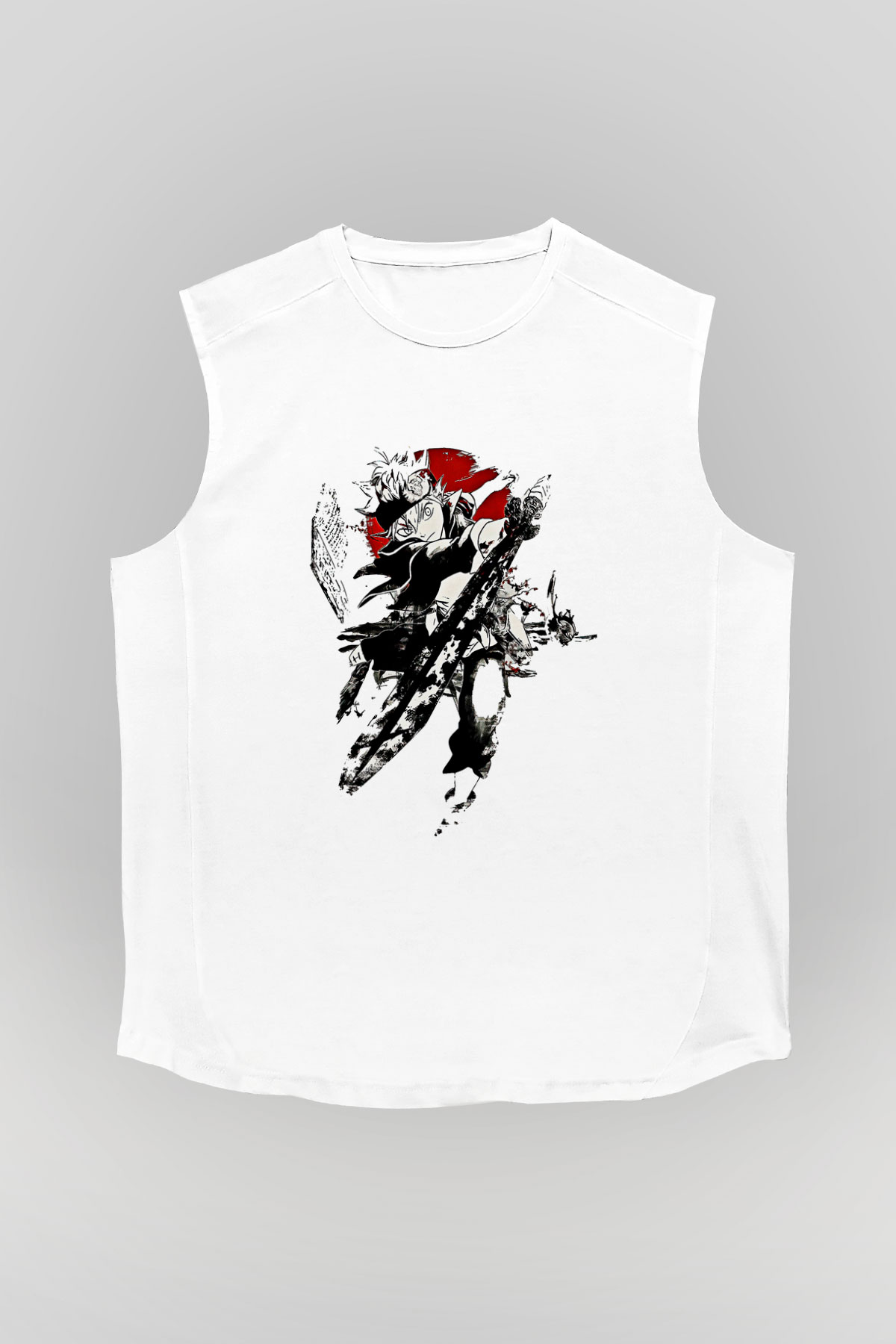 Black Clover Baskılı Beyaz Unisex Kolsuz Tişört - Tshirt
