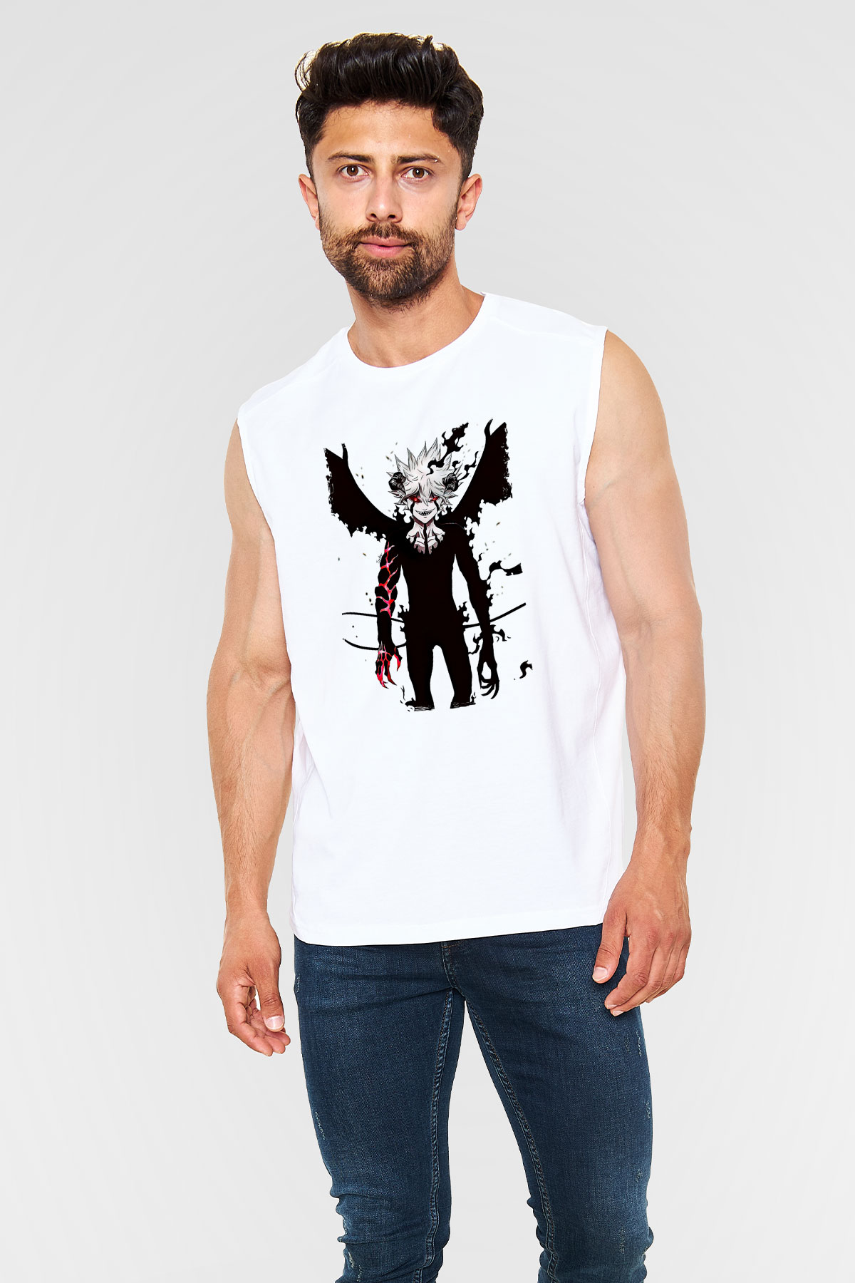 Black Clover Baskılı Beyaz Unisex Kolsuz Tişört - Tshirt
