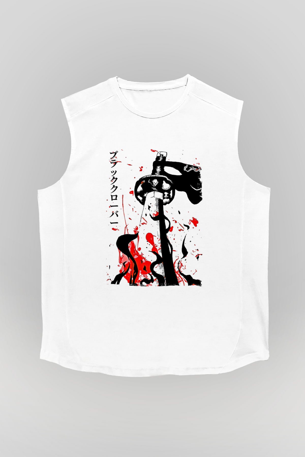 Black Clover Baskılı Beyaz Unisex Kolsuz Tişört - Tshirt