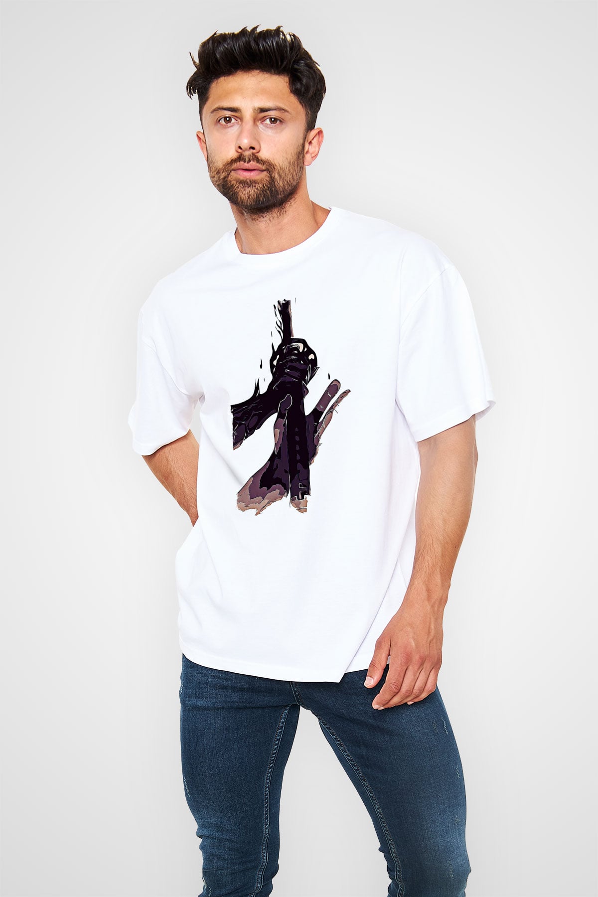 Black Clover Baskılı Beyaz Unisex Oversize Tişört - Tshirt