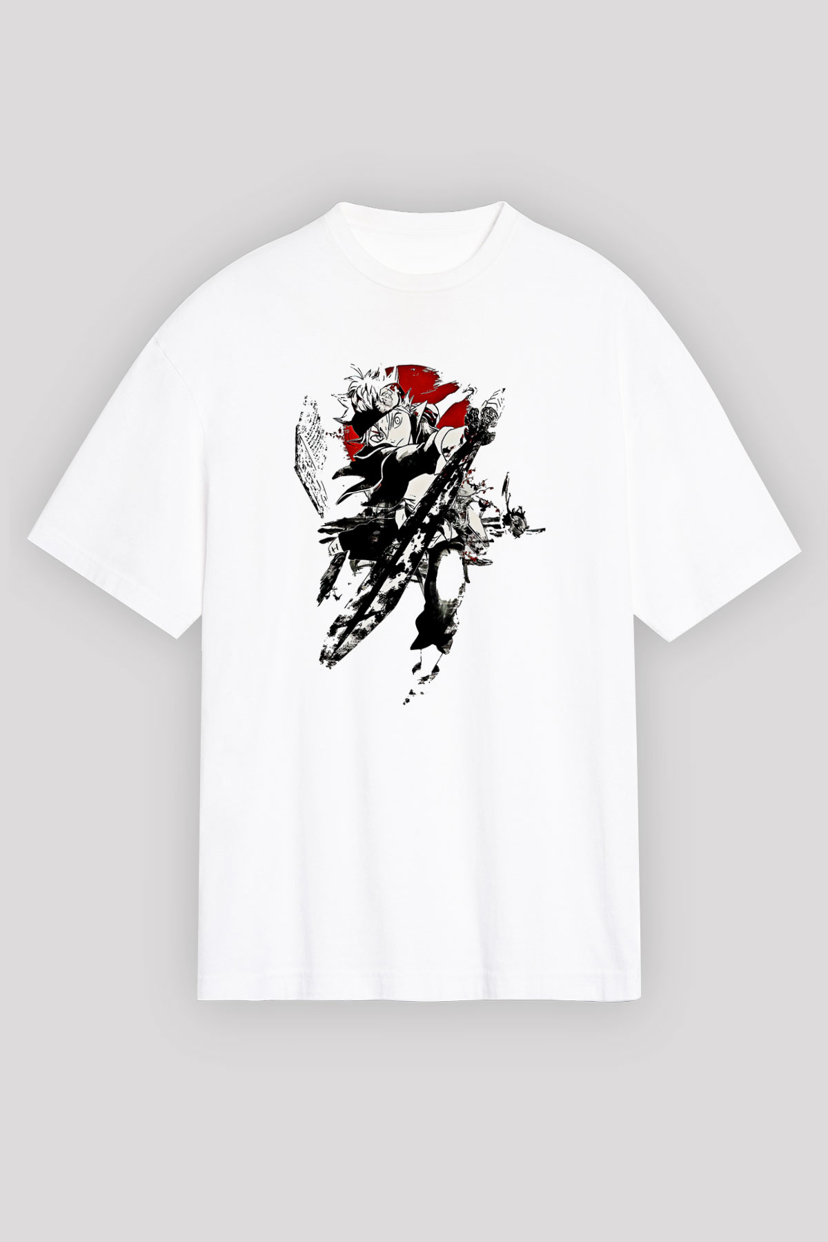 Black Clover Baskılı Beyaz Unisex Oversize Tişört - Tshirt