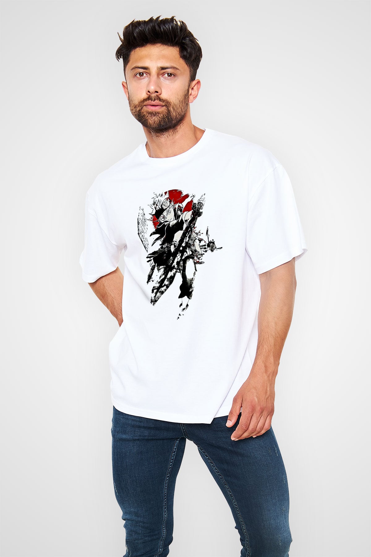 Black Clover Baskılı Beyaz Unisex Oversize Tişört - Tshirt