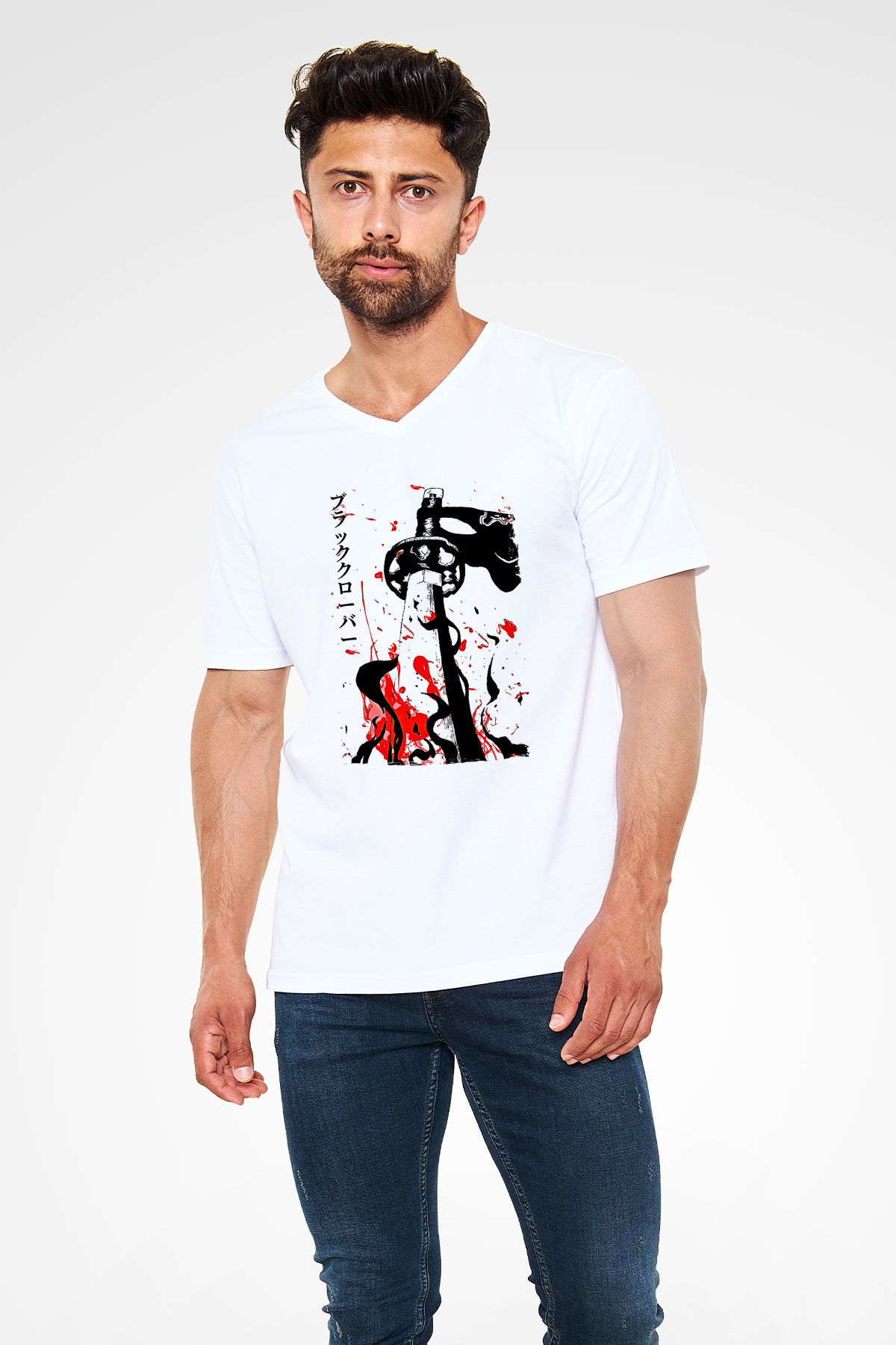Black Clover Baskılı Beyaz Unisex V Yaka Tişört - Tshirt