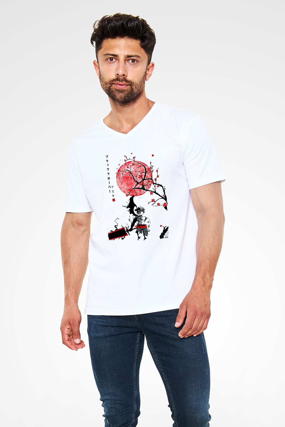 Black Clover Baskılı Beyaz Unisex V Yaka Tişört - Tshirt