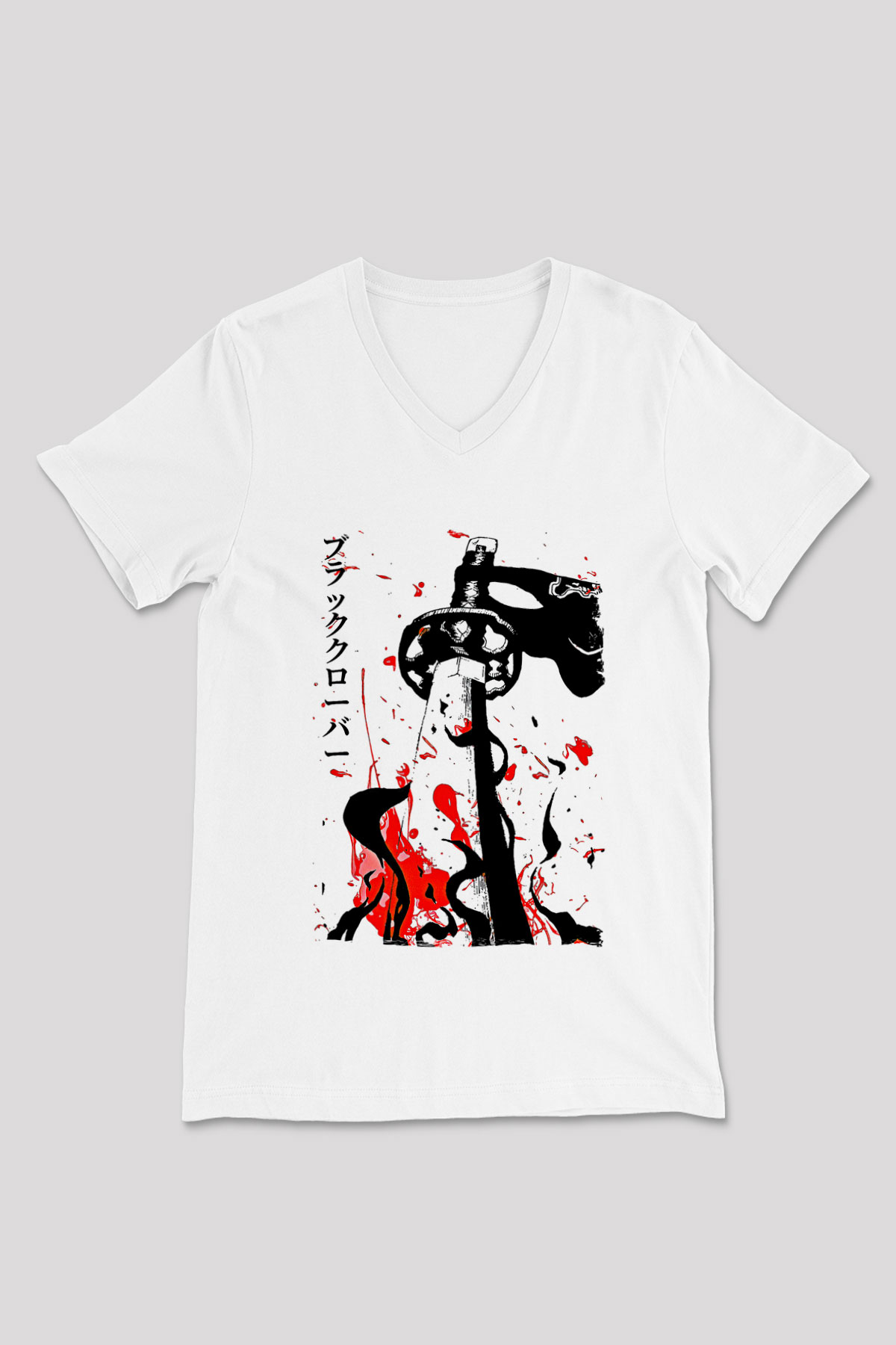 Black Clover Baskılı Beyaz Unisex V Yaka Tişört - Tshirt
