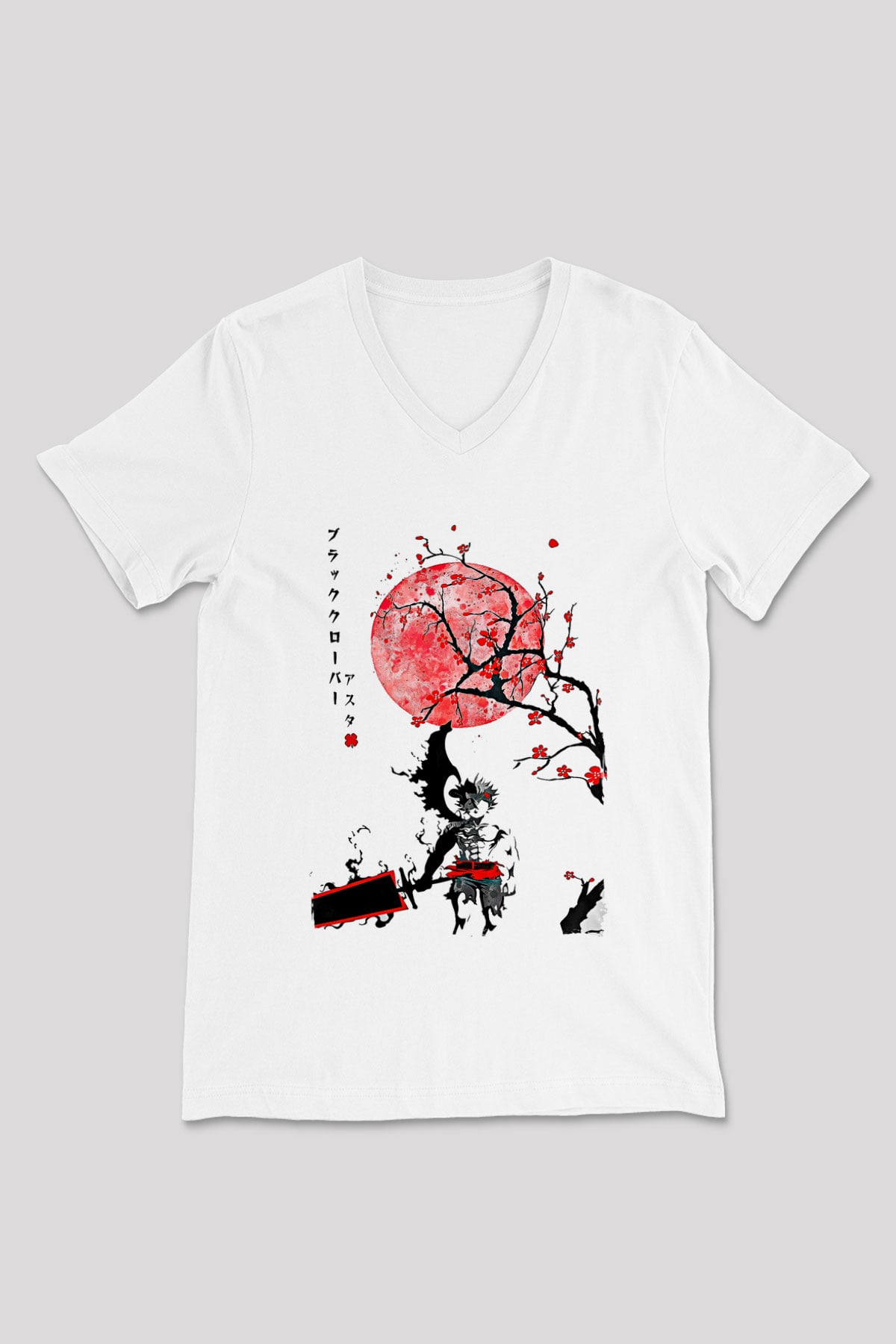 Black Clover Baskılı Beyaz Unisex V Yaka Tişört - Tshirt