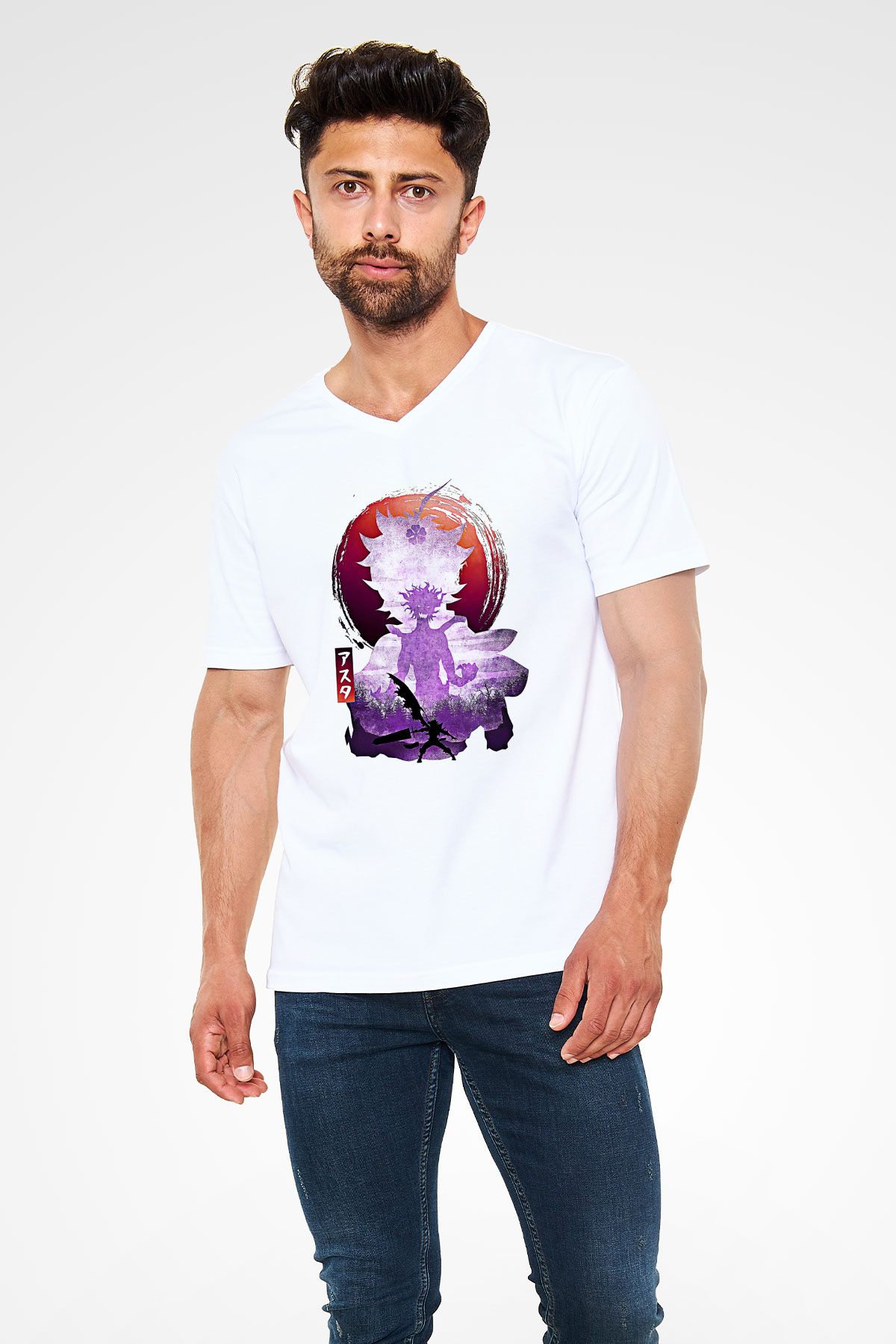 Black Clover Baskılı Beyaz Unisex V Yaka Tişört - Tshirt