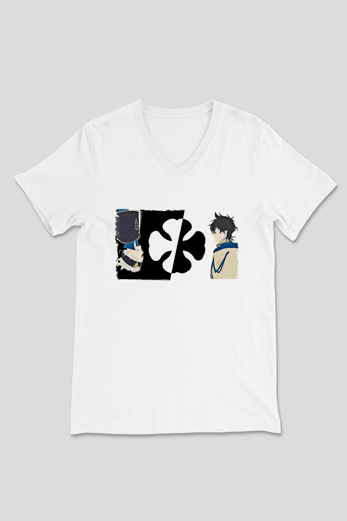 Black Clover Baskılı Beyaz Unisex V Yaka Tişört - Tshirt