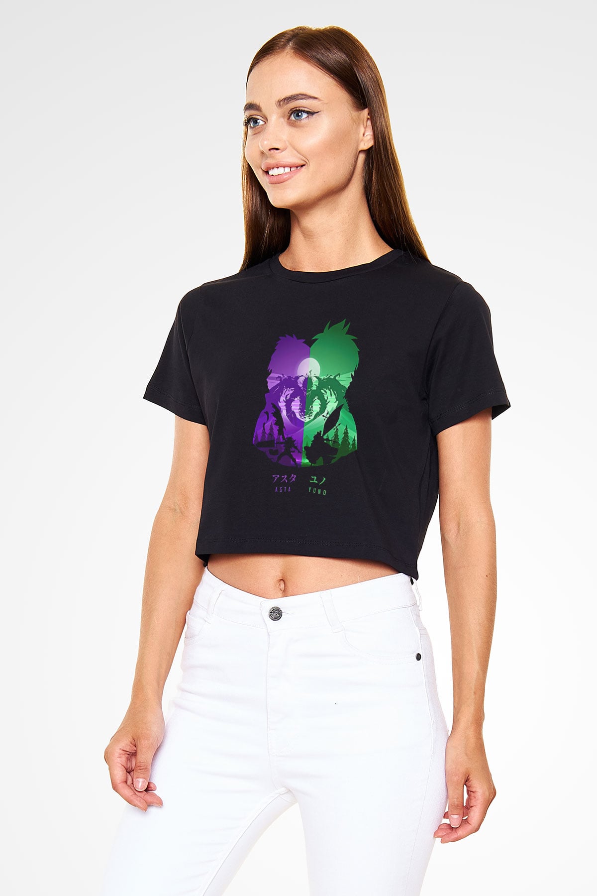 Black Clover Baskılı Siyah Crop Top Kadın Tişört - Tshirt