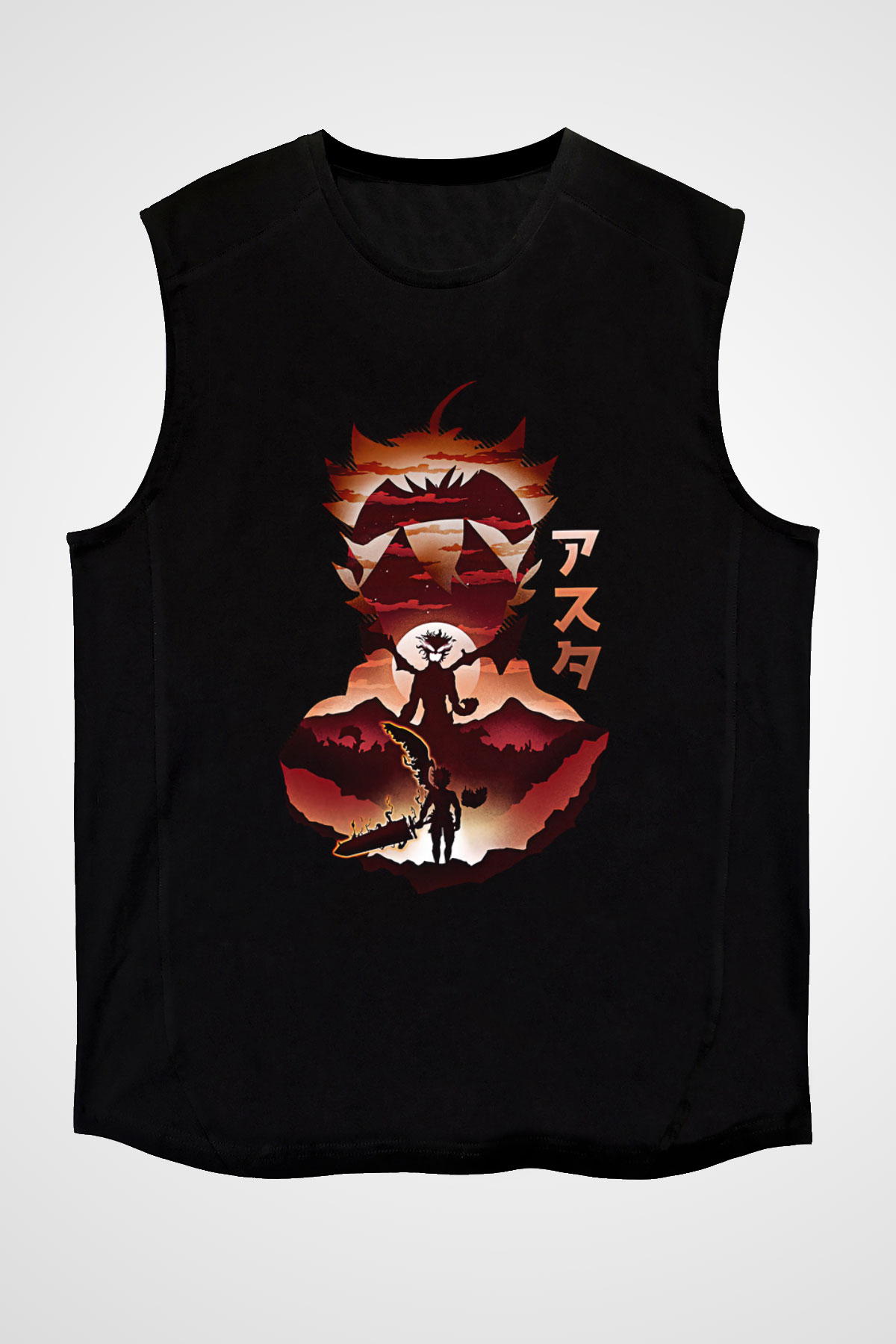 Black Clover Baskılı Unisex Siyah Kolsuz Tişört - Tshirt