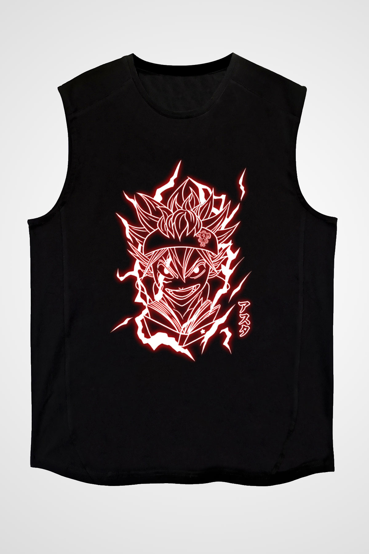 Black Clover Baskılı Unisex Siyah Kolsuz Tişört - Tshirt