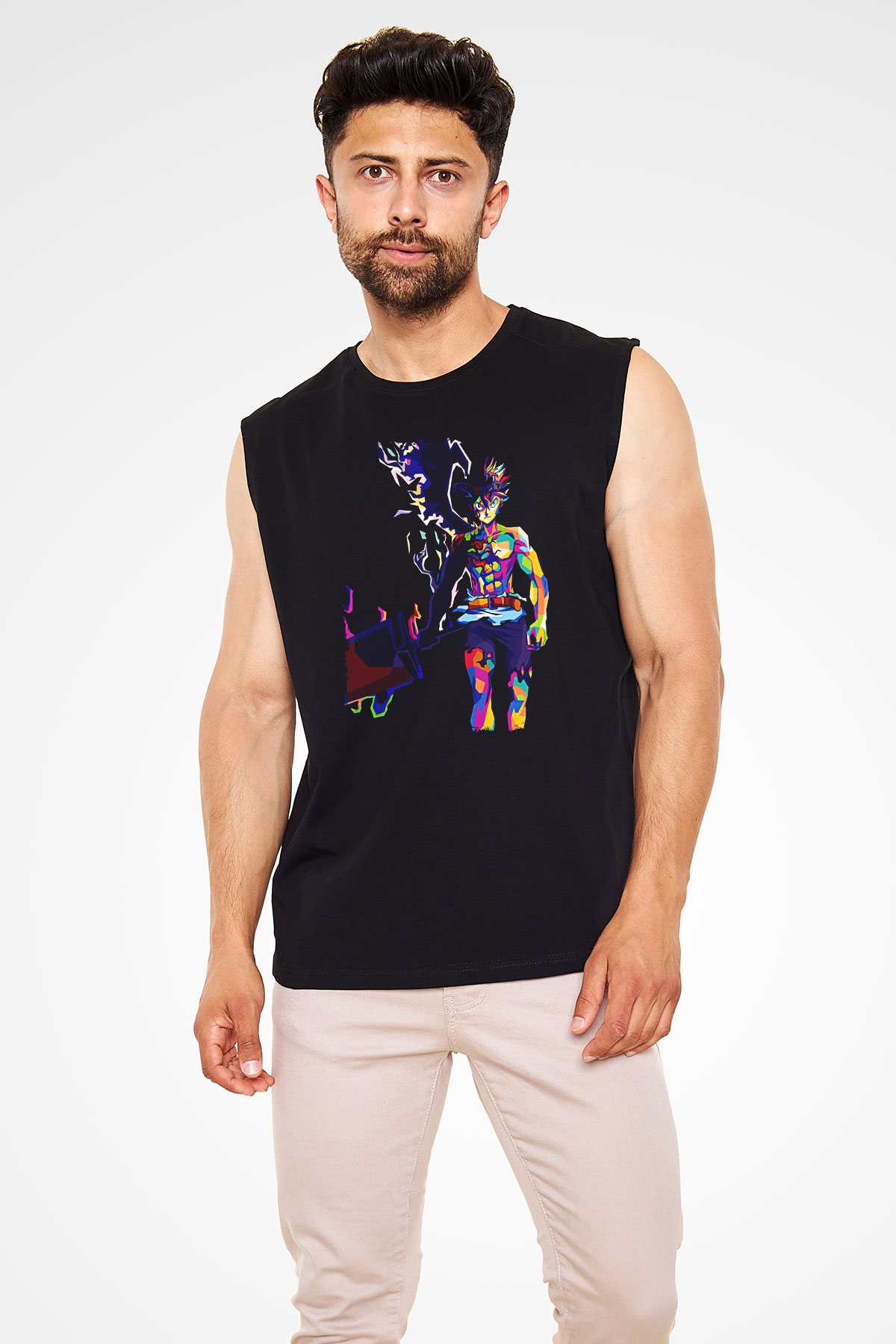 Black Clover Baskılı Unisex Siyah Kolsuz Tişört - Tshirt