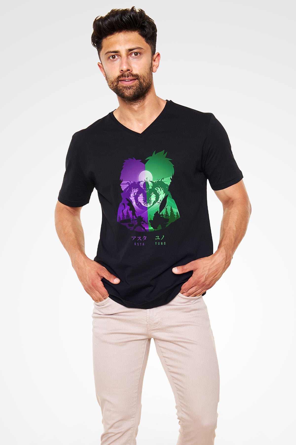Black Clover Baskılı Unisex Siyah V Yaka Tişört - Tshirt