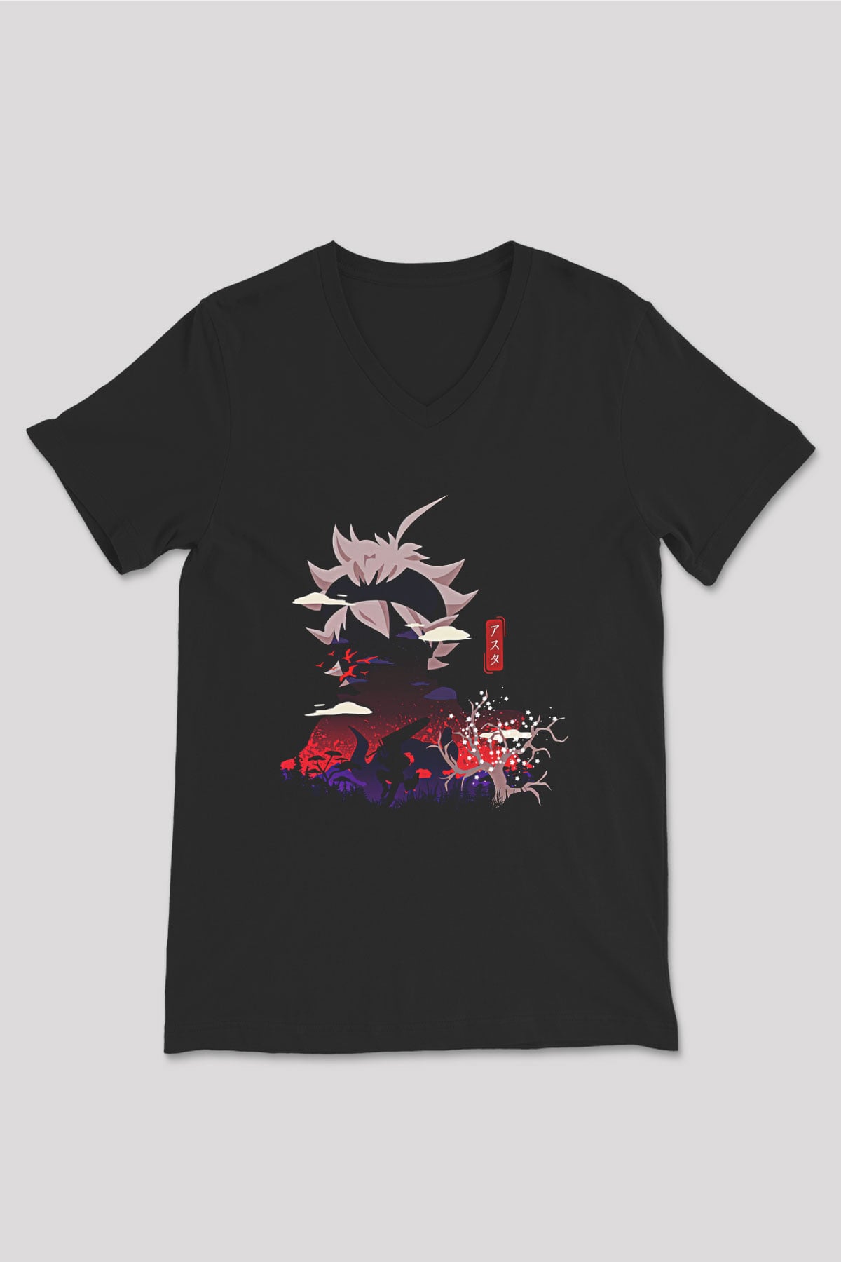 Black Clover Baskılı Unisex Siyah V Yaka Tişört - Tshirt
