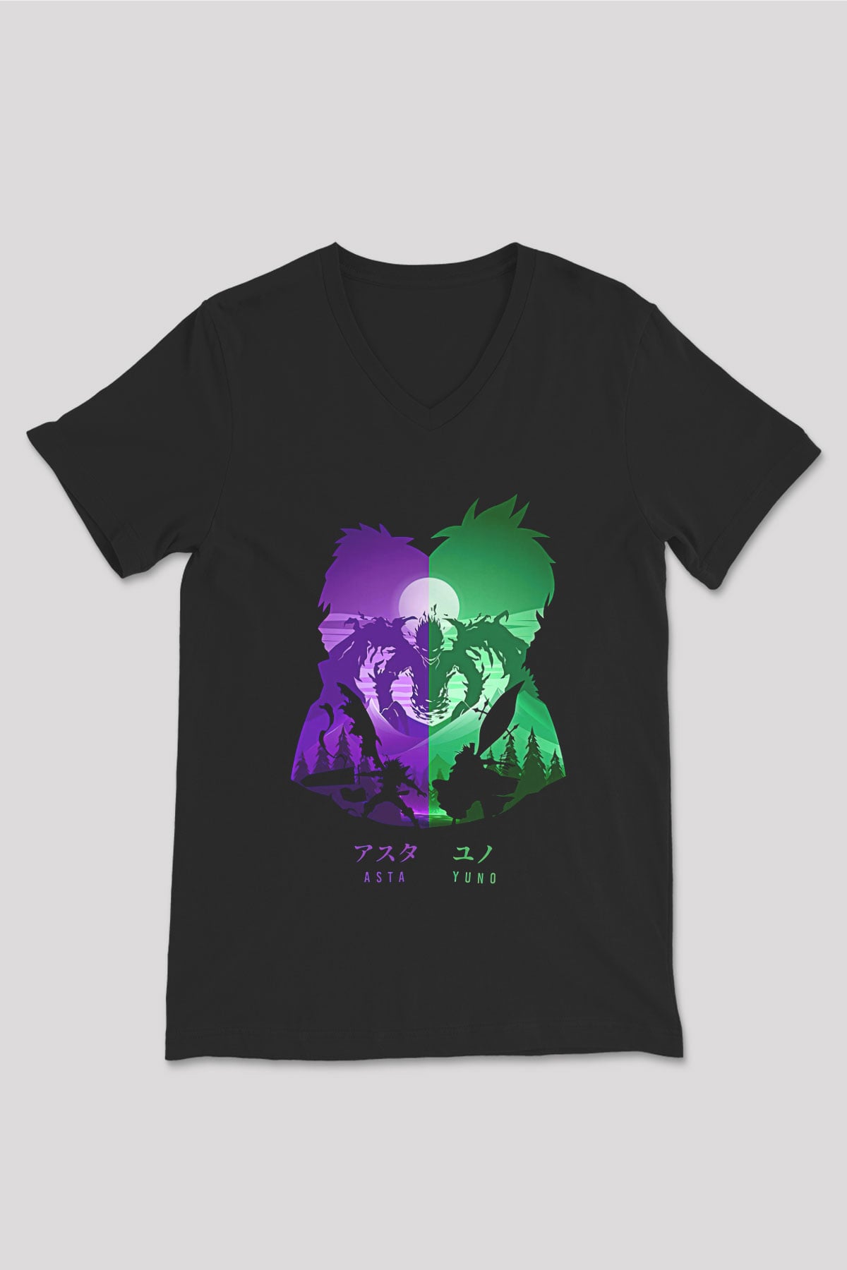 Black Clover Baskılı Unisex Siyah V Yaka Tişört - Tshirt
