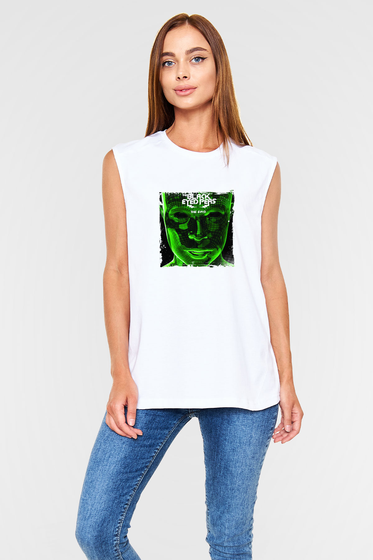 Black Eyed Peas Baskılı Unisex Beyaz Kolsuz Tişört