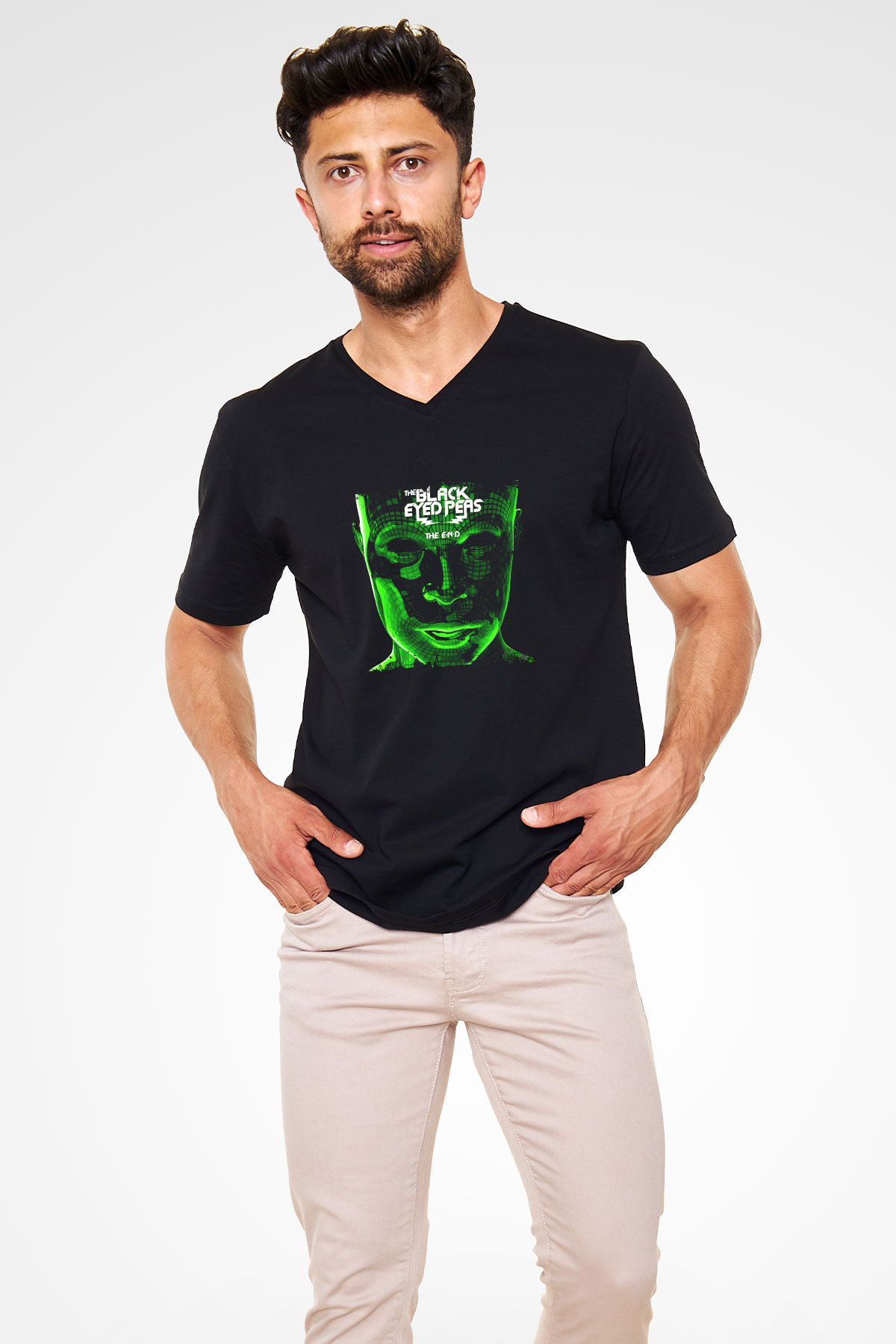 Black Eyed Peas Baskılı Unisex Siyah V Yaka Tişört
