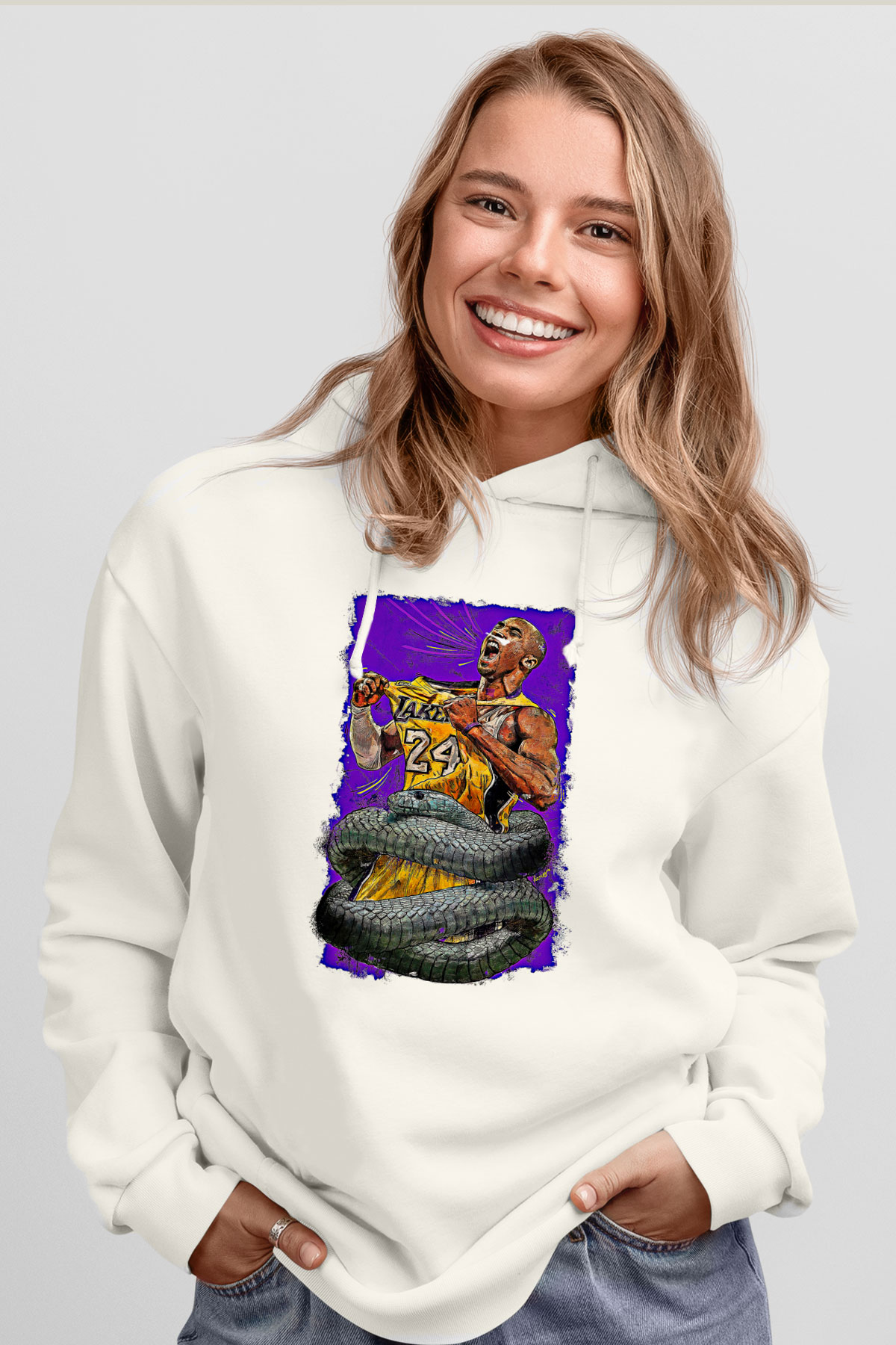 Black Mamba Baskılı Beyaz Unisex Kapüşonlu Sweatshirt