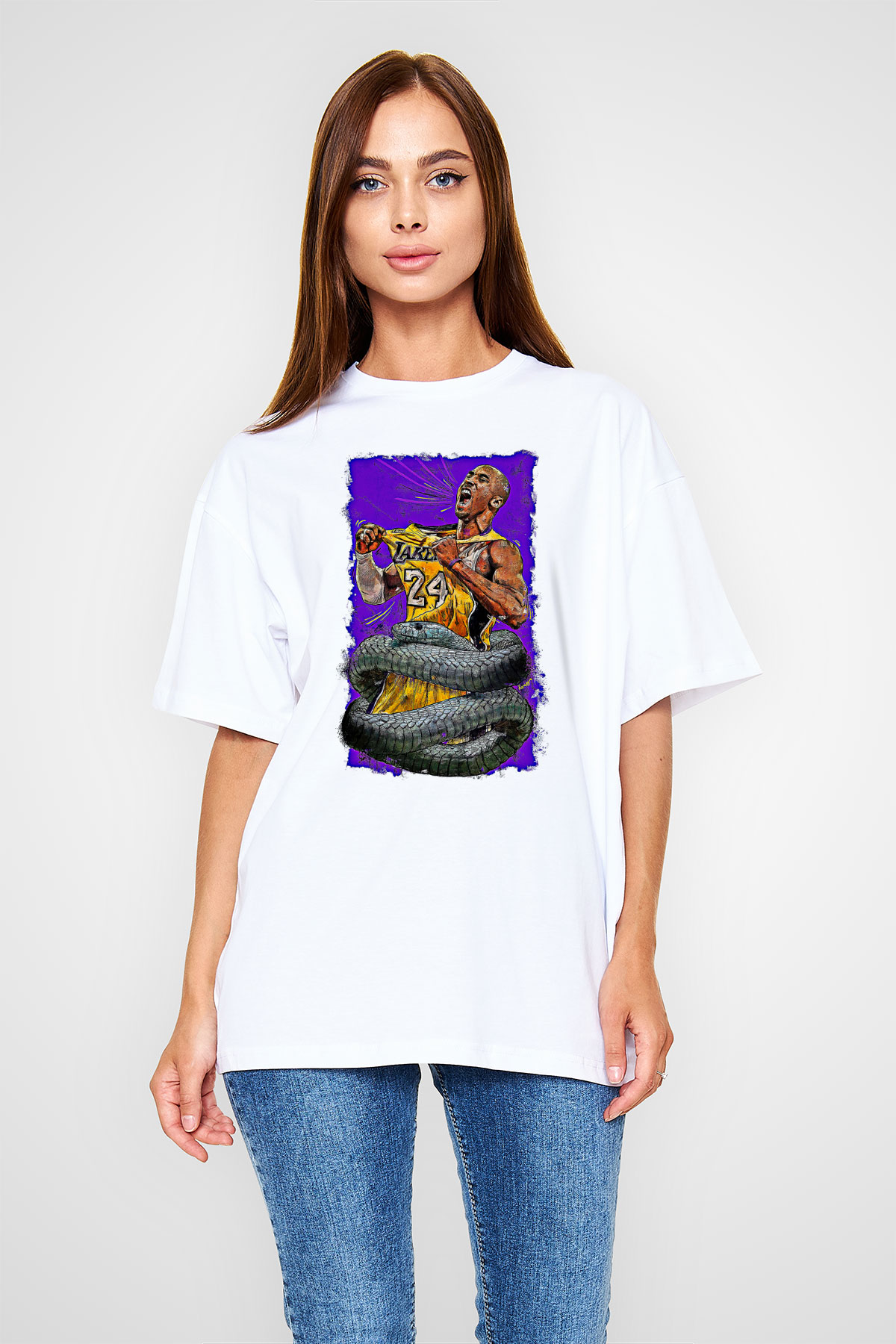 Black Mamba Baskılı Beyaz Unisex Oversize Tişört - Tshirt