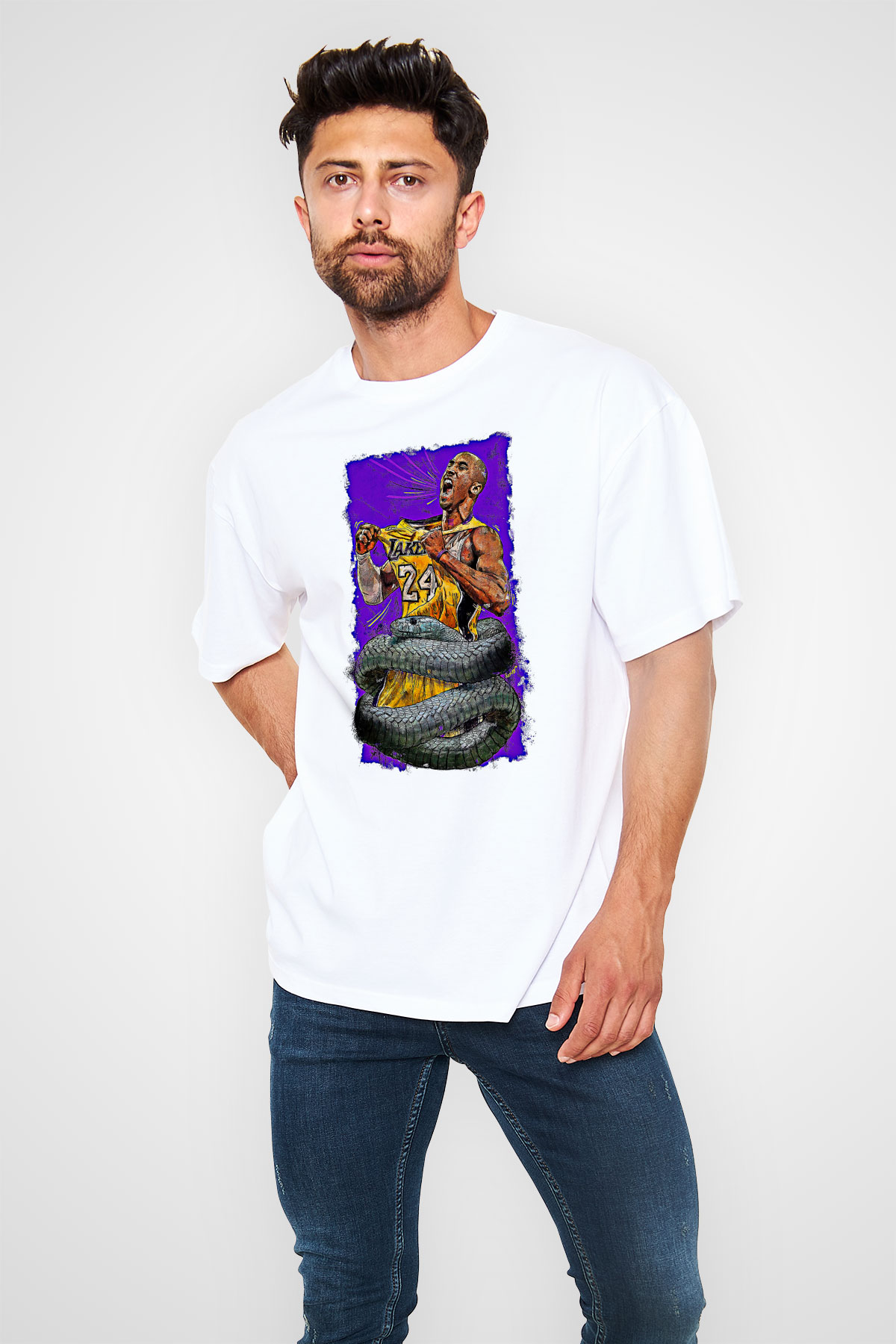 Black Mamba Baskılı Beyaz Unisex Oversize Tişört - Tshirt
