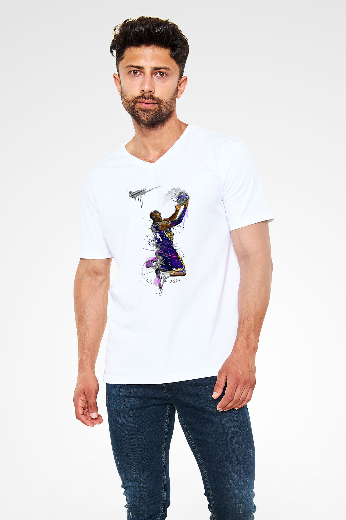 Black Mamba Baskılı Beyaz Unisex V Yaka Tişört - Tshirt