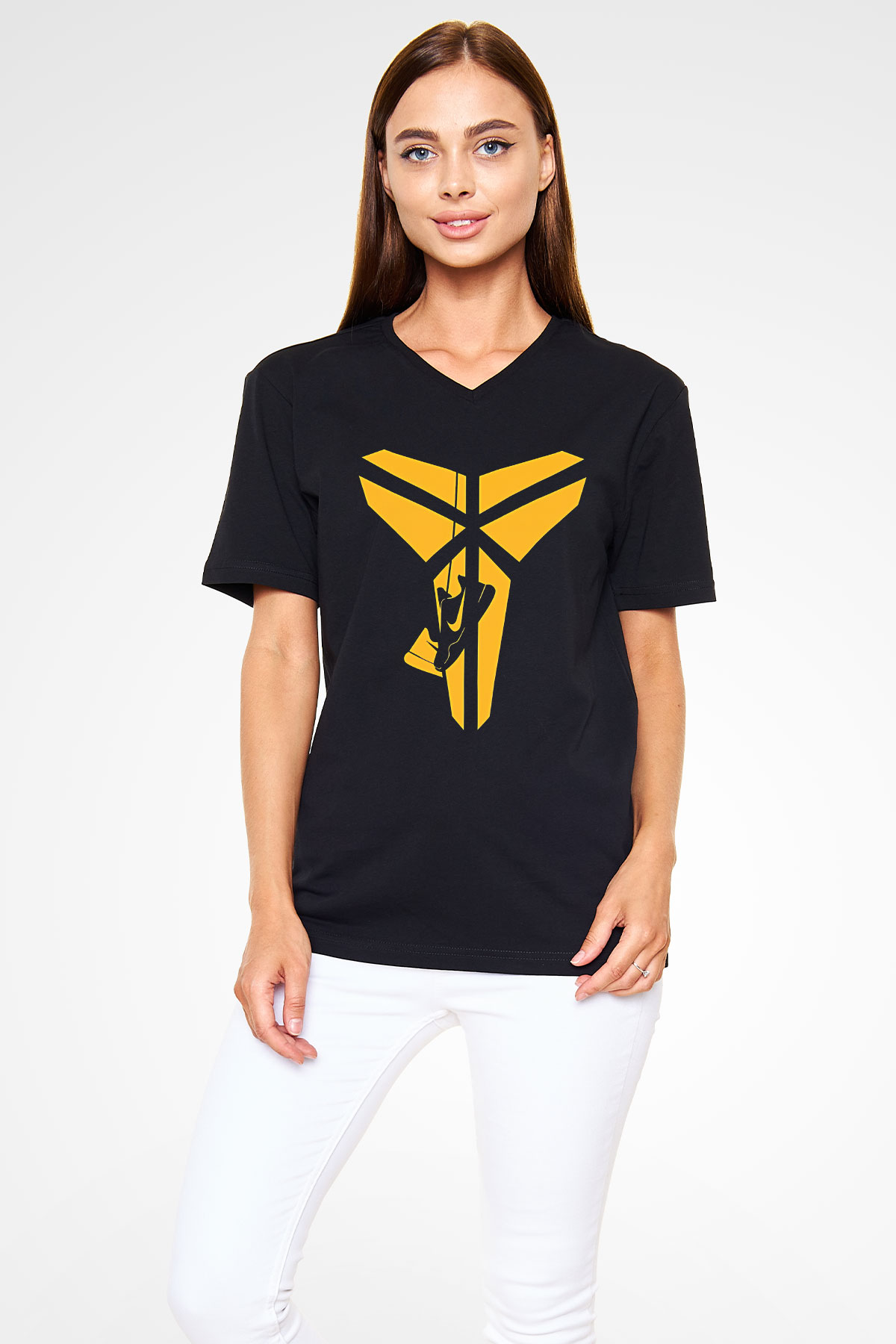 Black Mamba Baskılı Unisex Siyah V Yaka Tişört - Tshirt