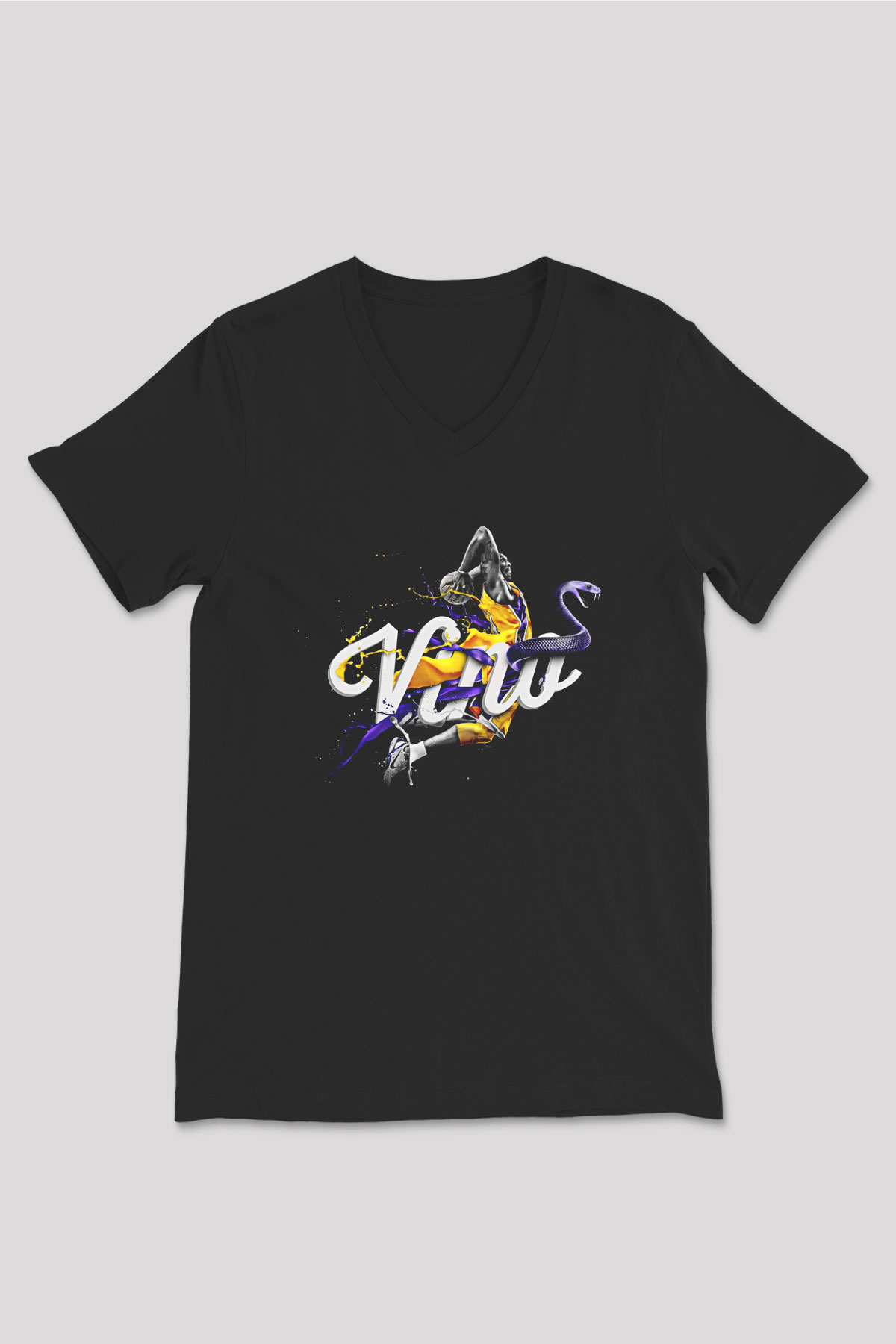 Black Mamba Baskılı Unisex Siyah V Yaka Tişört - Tshirt