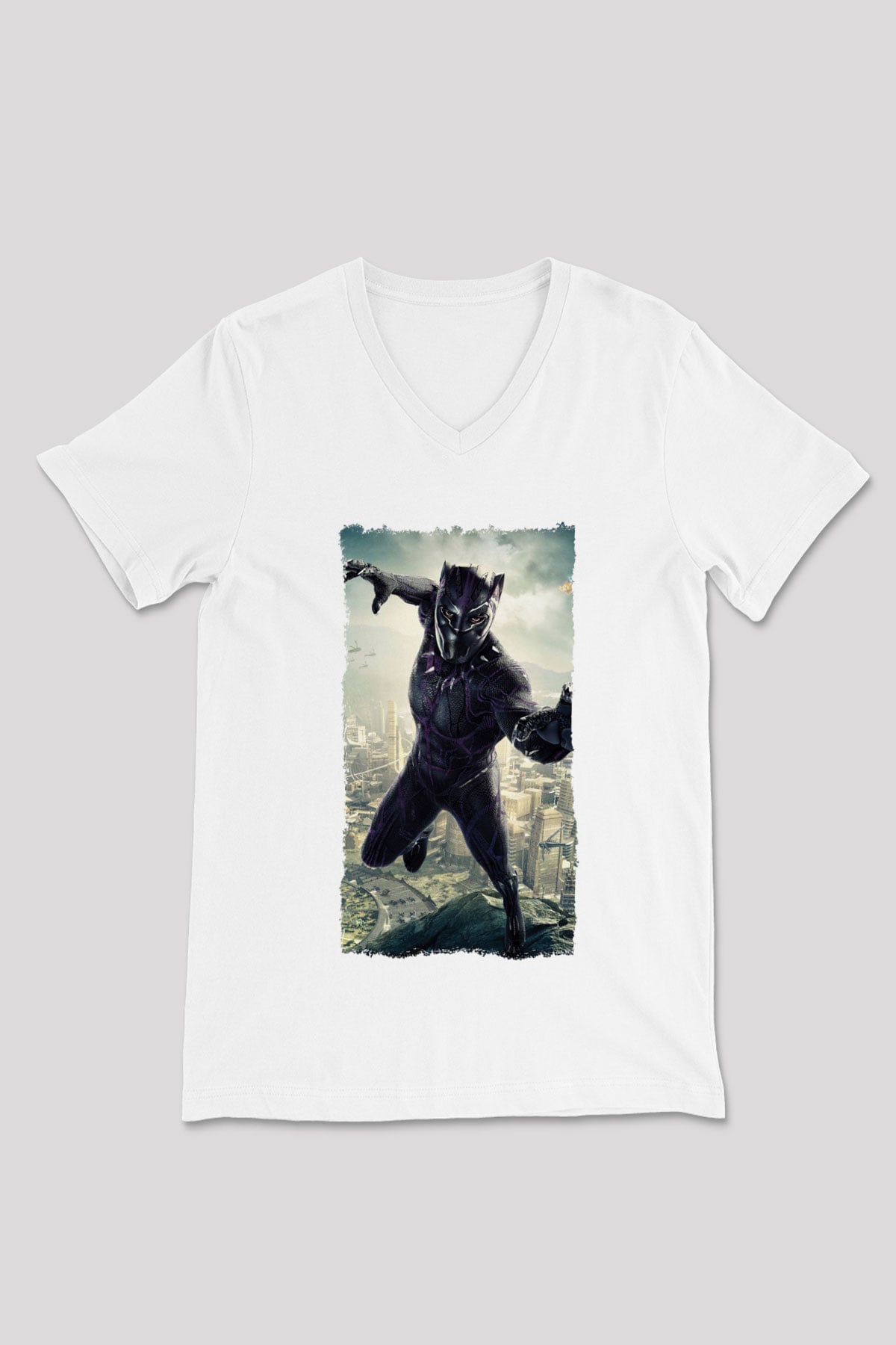 Black Panther Beyaz Unisex V Yaka Tişört