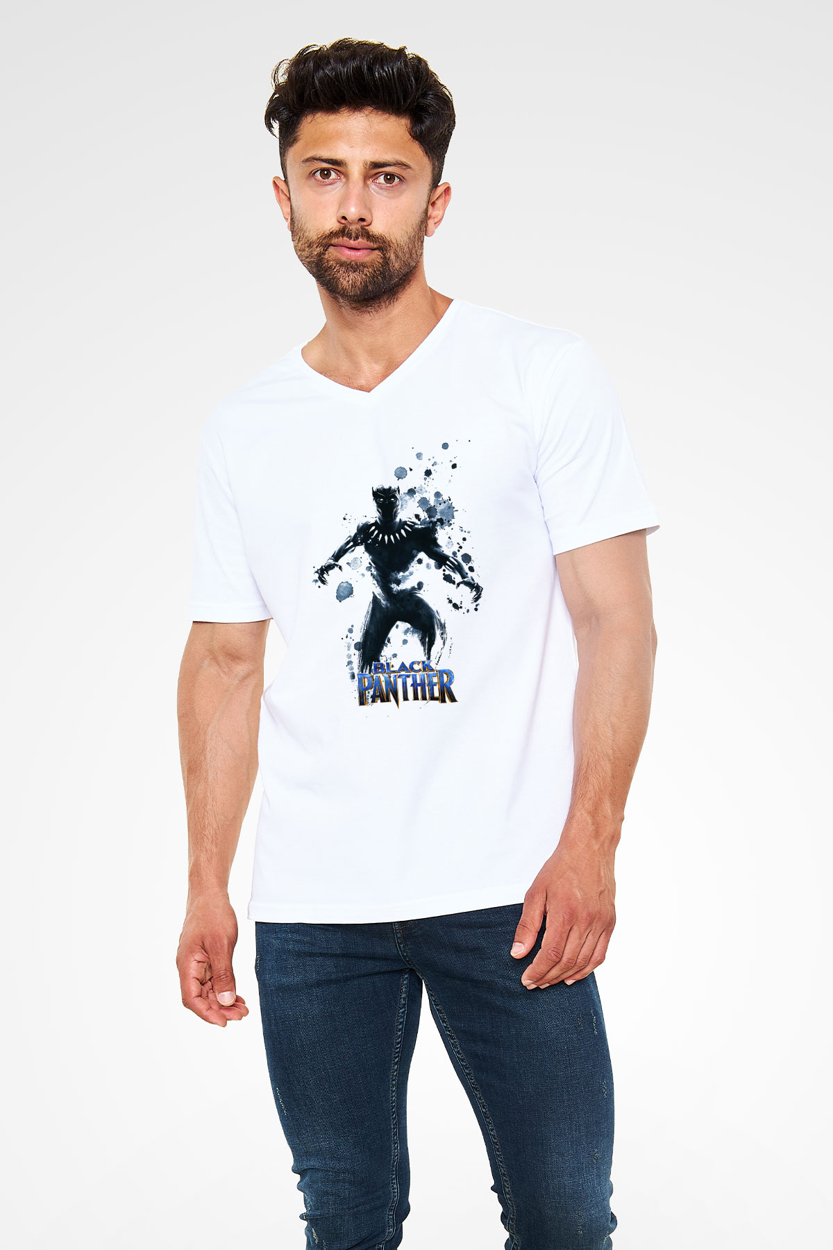 Black Panther Beyaz Unisex V Yaka Tişört