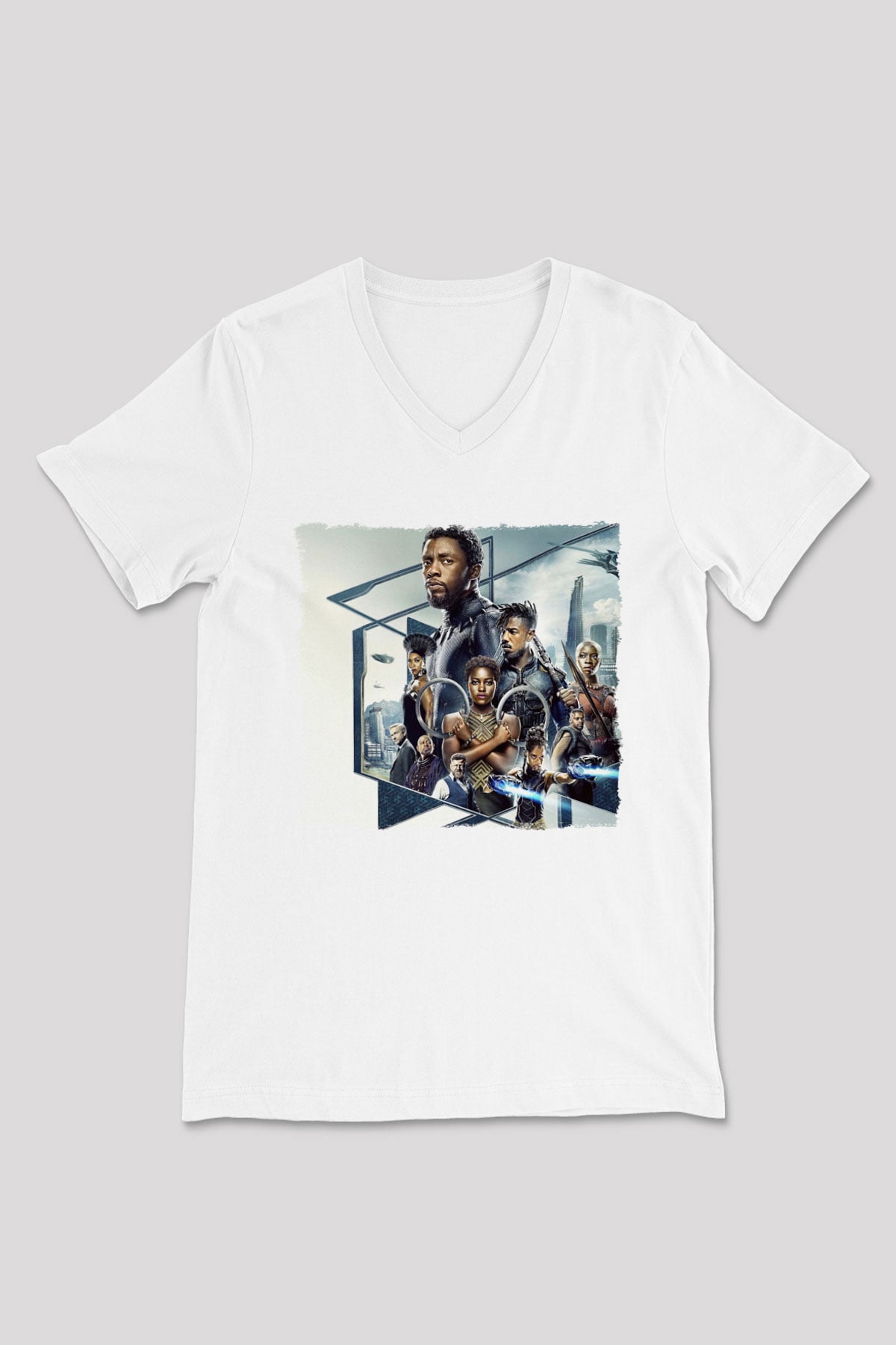 Black Panther Beyaz Unisex V Yaka Tişört