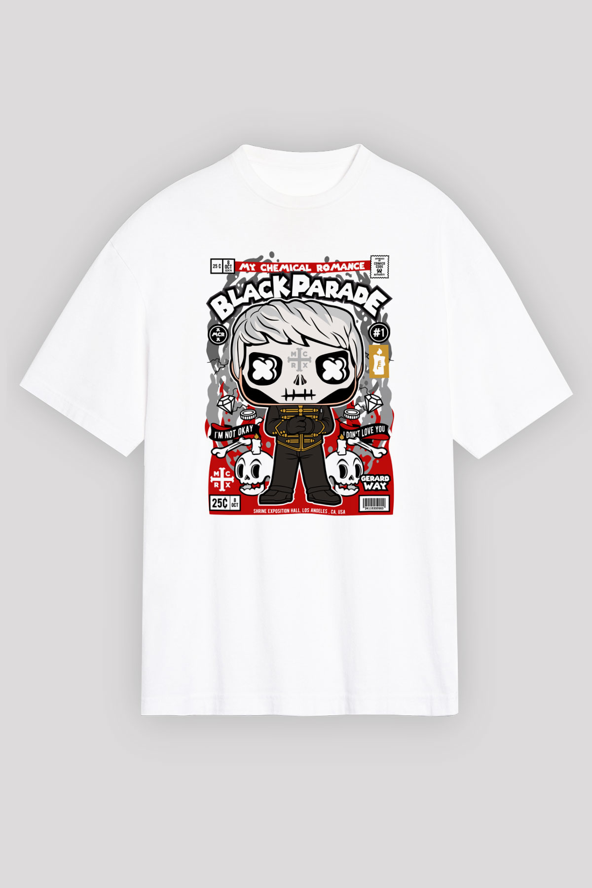 Black Parade Baskılı Unisex Beyaz Oversize Tişört