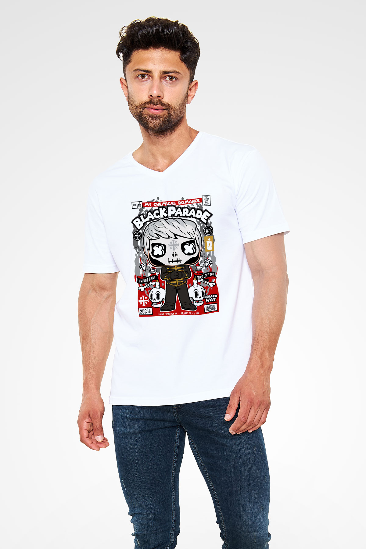 Black Parade Baskılı Unisex Beyaz V Yaka Tişört