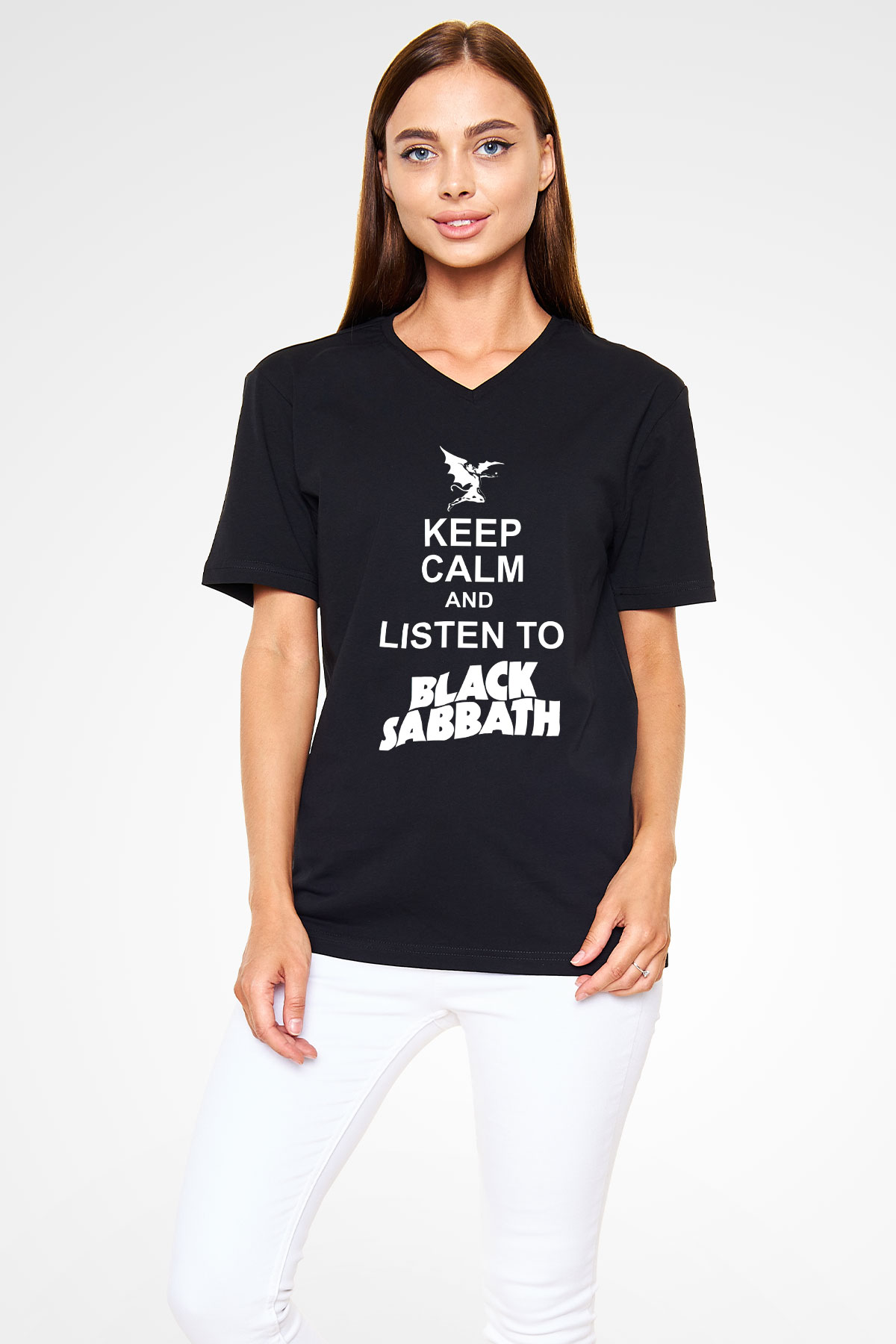 Black Sabbath Keep Calm And Listen To Black Sabbath Siyah Unisex V Yaka Tişört