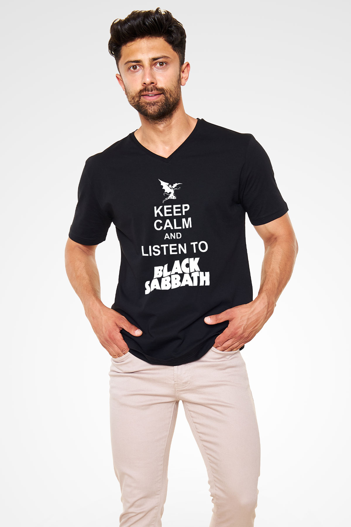 Black Sabbath Keep Calm And Listen To Black Sabbath Siyah Unisex V Yaka Tişört