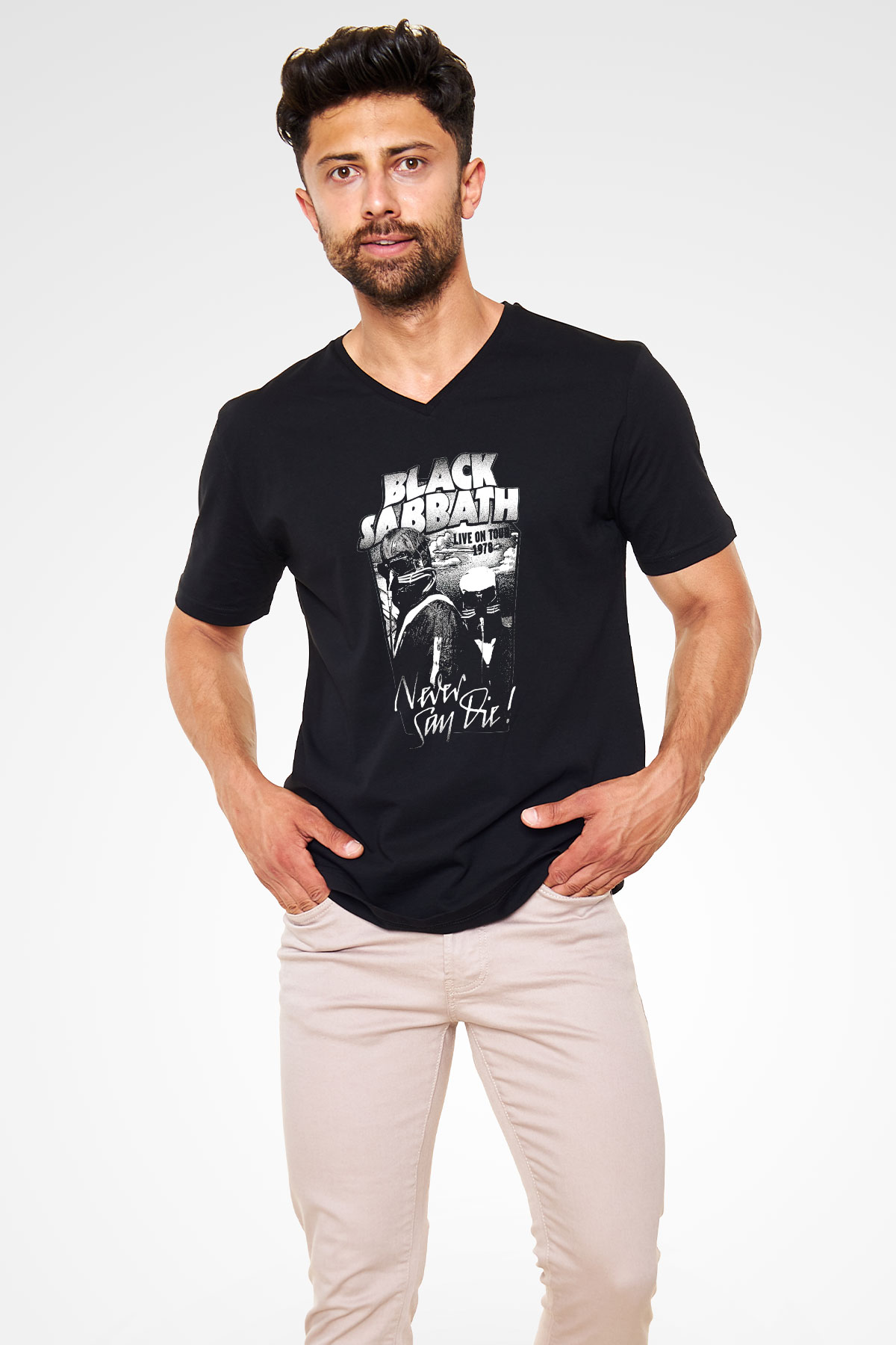 Black Sabbath Never Say Die Siyah Unisex V Yaka Tişört