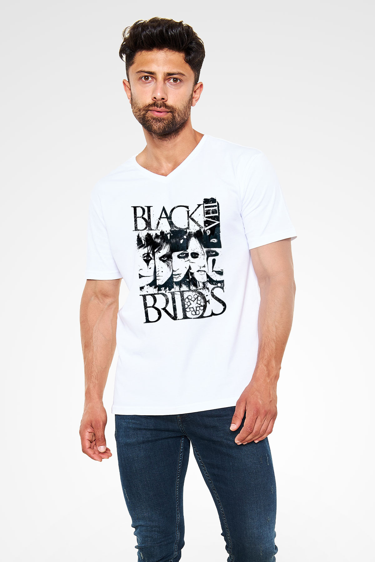 Black Veil Brides Beyaz Unisex V Yaka Tişört T-Shirt