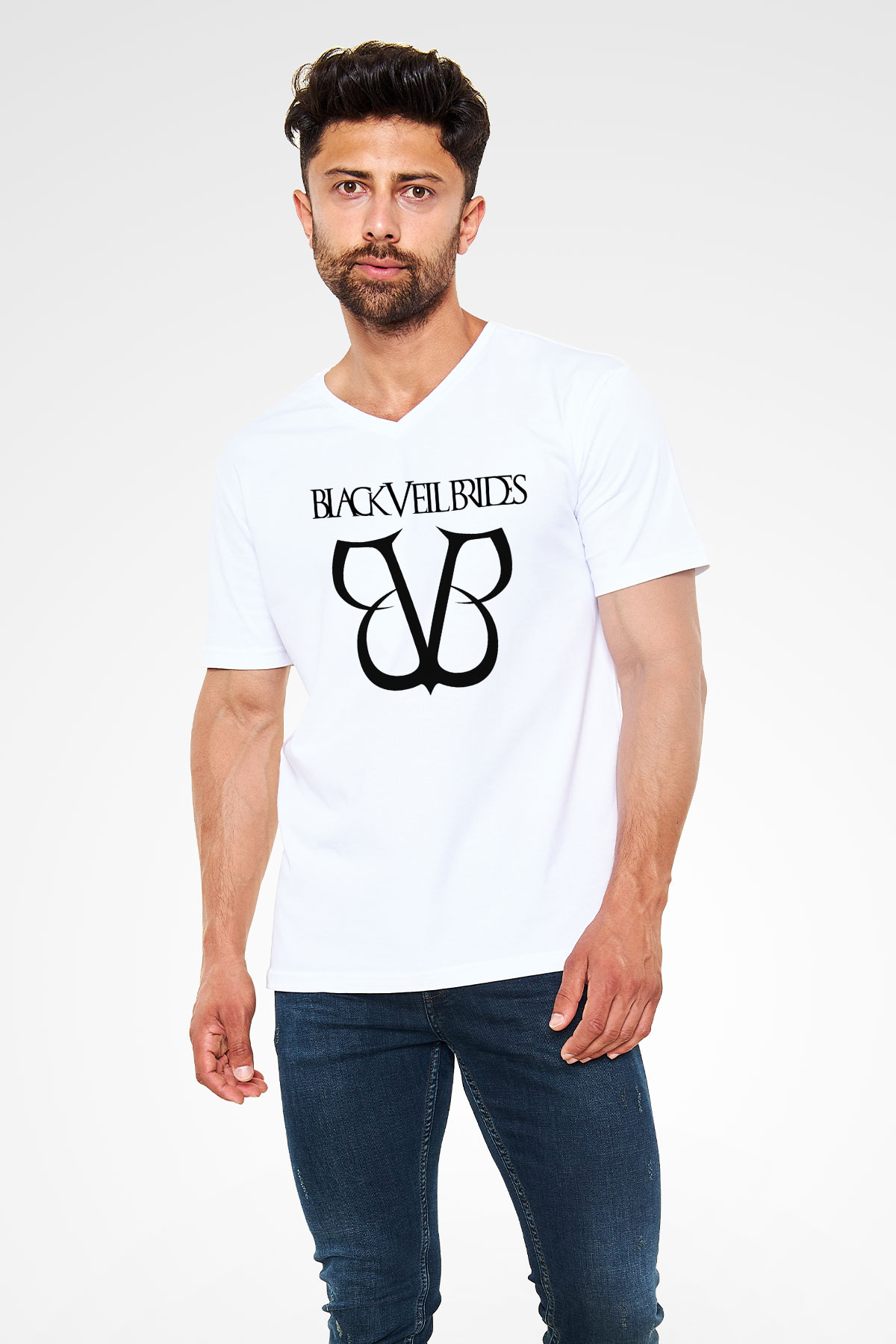 Black Veil Brides Beyaz Unisex V Yaka Tişört T-Shirt