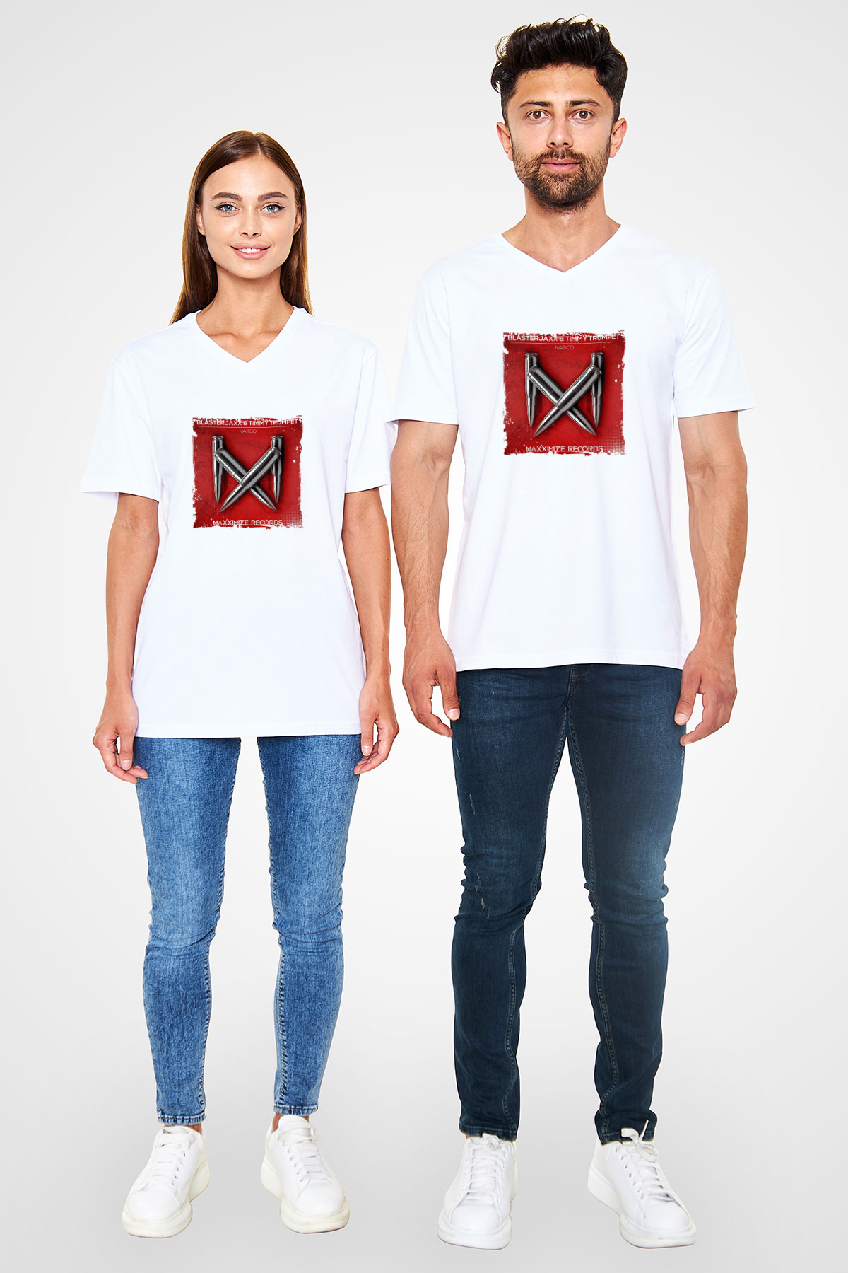 Blasterjaxx Baskılı Beyaz V Yaka Unisex Tişört
