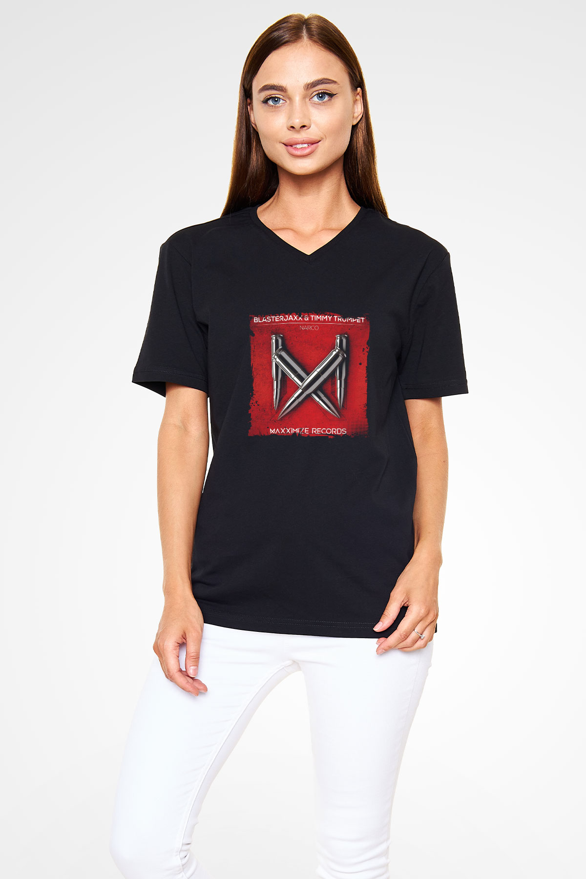 Blasterjaxx Baskılı Unisex Siyah V Yaka Tişört
