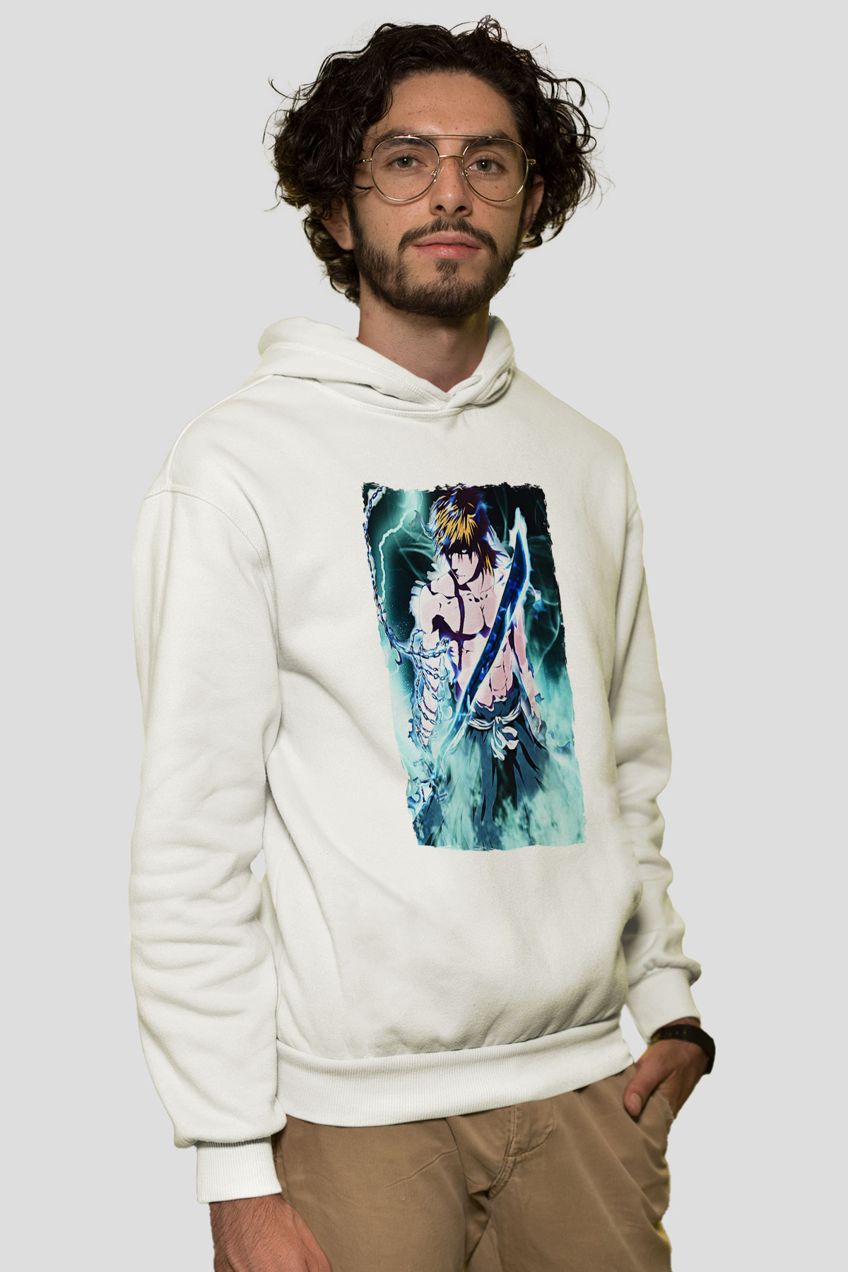 Bleach Baskılı Beyaz Unisex Hoodie