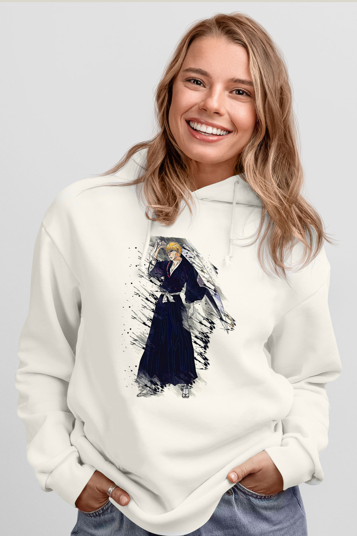 Bleach Baskılı Beyaz Unisex Hoodie