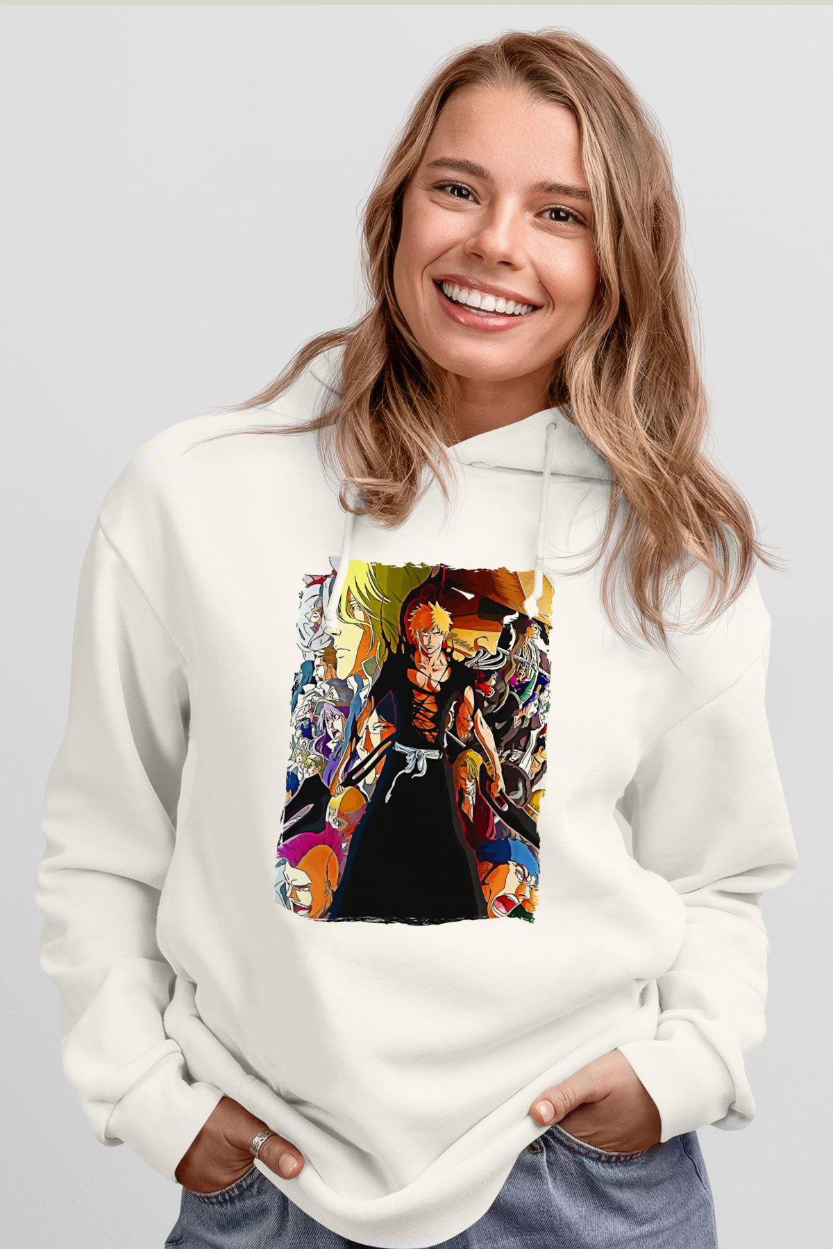 Bleach Baskılı Beyaz Unisex Hoodie